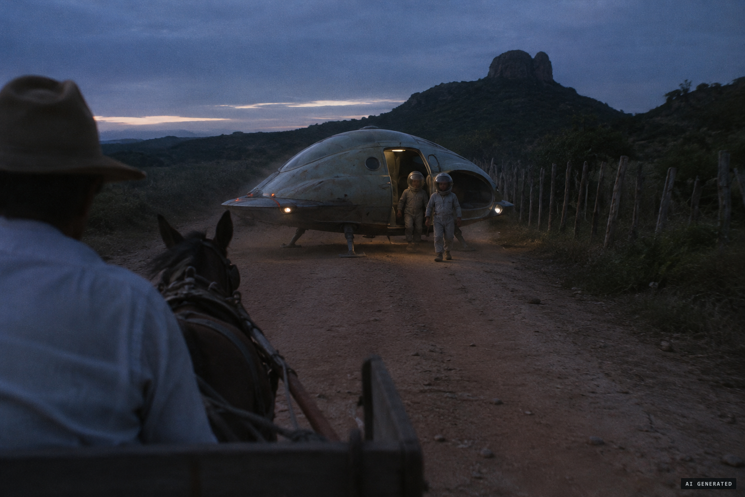 In the later telling, a Beetle-shaped craft lands ahead and two short beings come out