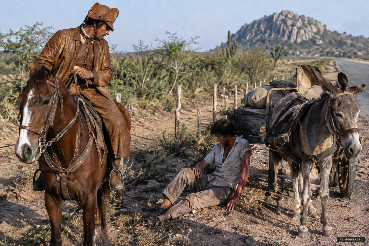 A passing cowboy finds Barroso and his donkey dazed by the road, his left side burned