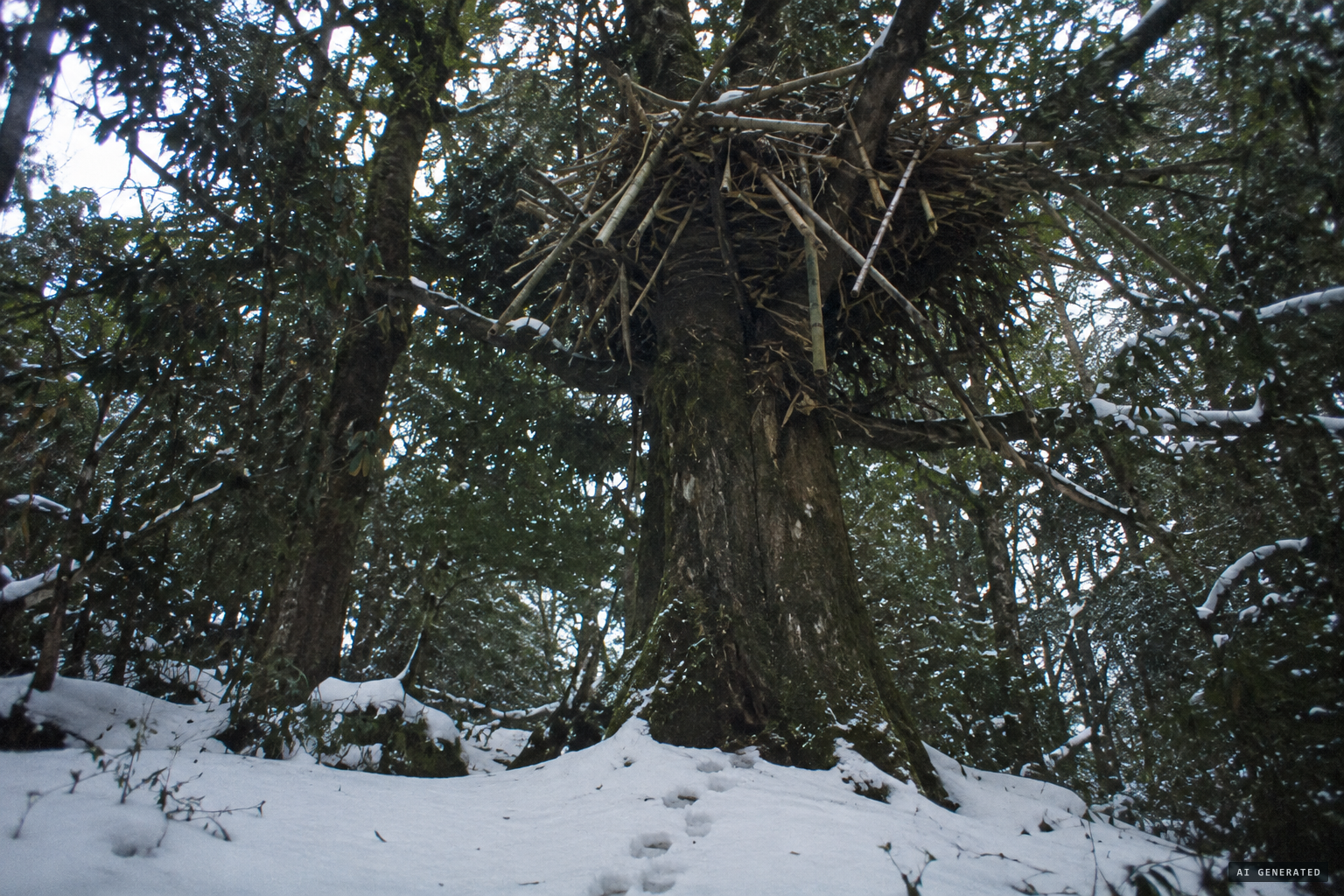 The tracks lead up into trees with huge bamboo nests