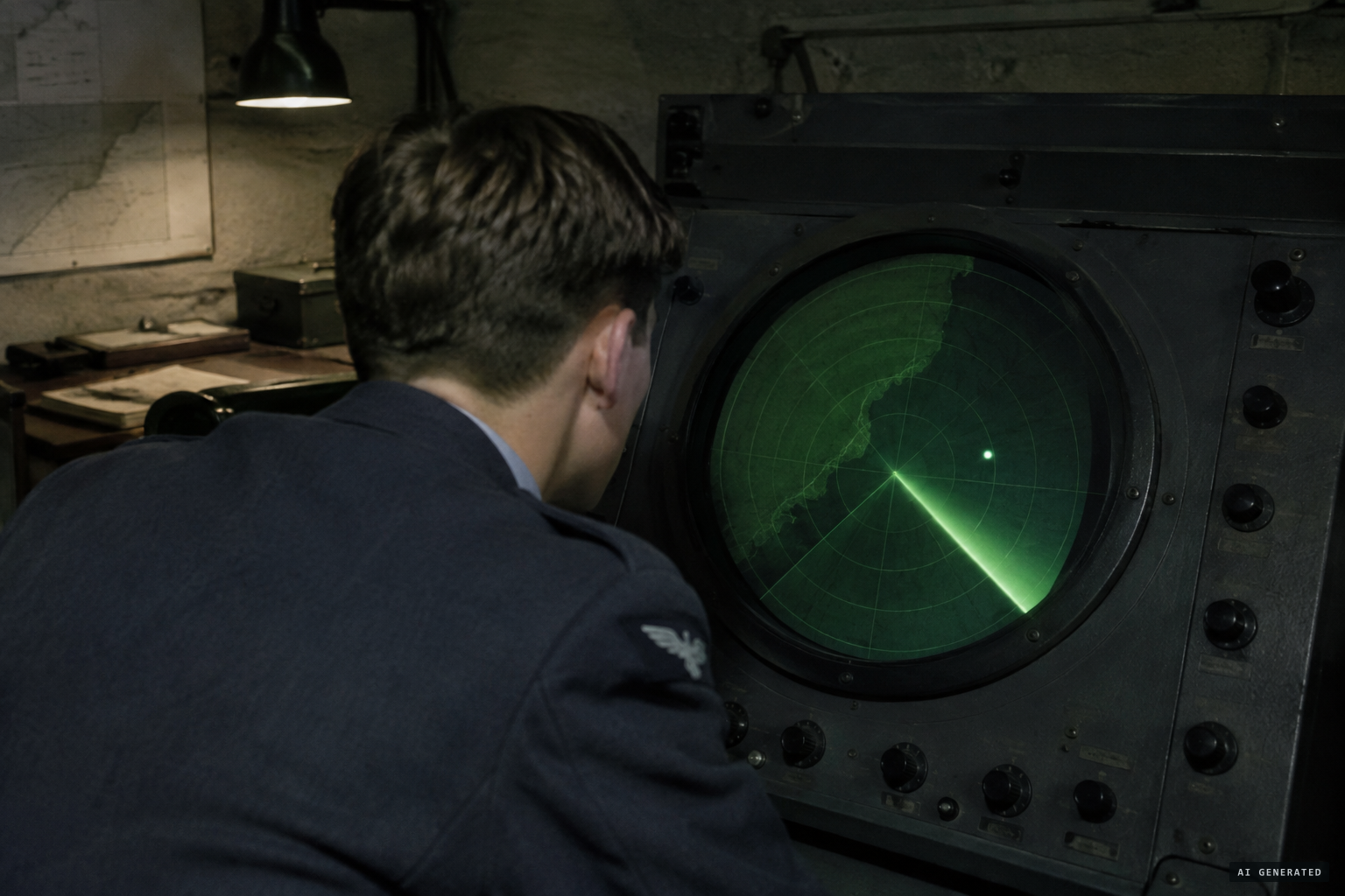 A national serviceman watches an unidentified blip appear over the Channel