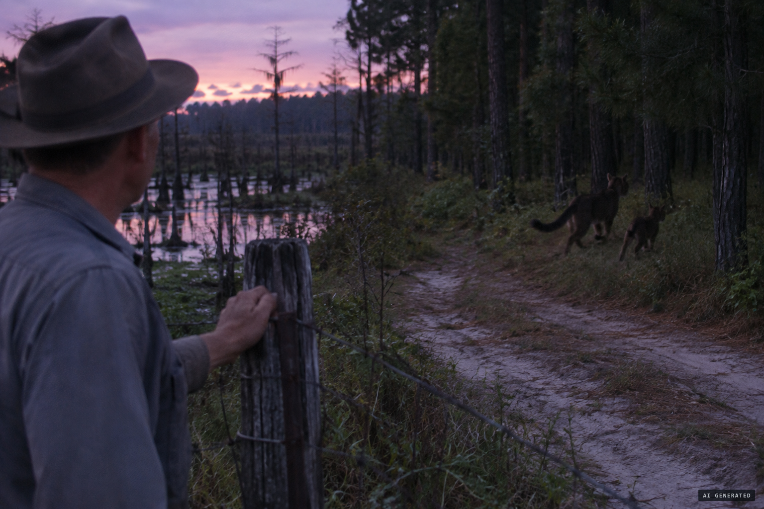 A brief dusk glimpse of a big cat-like animal with a little one beside it