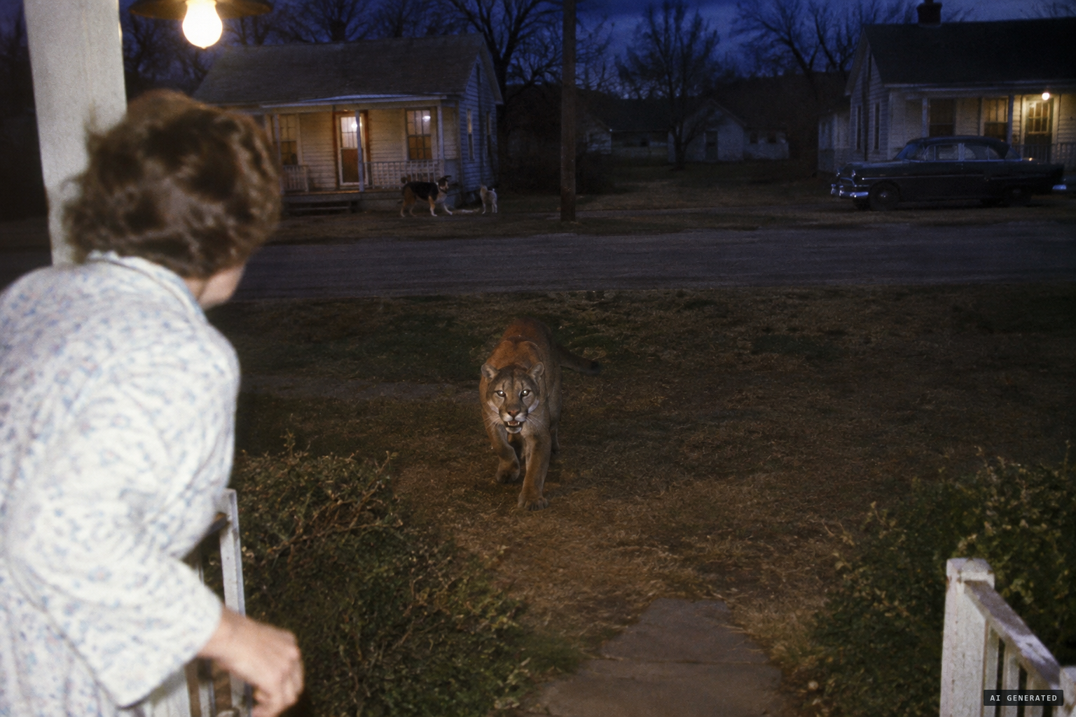 The 'big mountain lion' charges toward Mrs Kinlaw on her porch