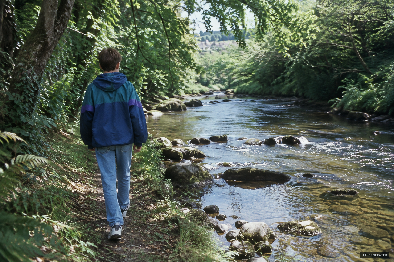 A boy walks by the River Fowey, 24 July 1995