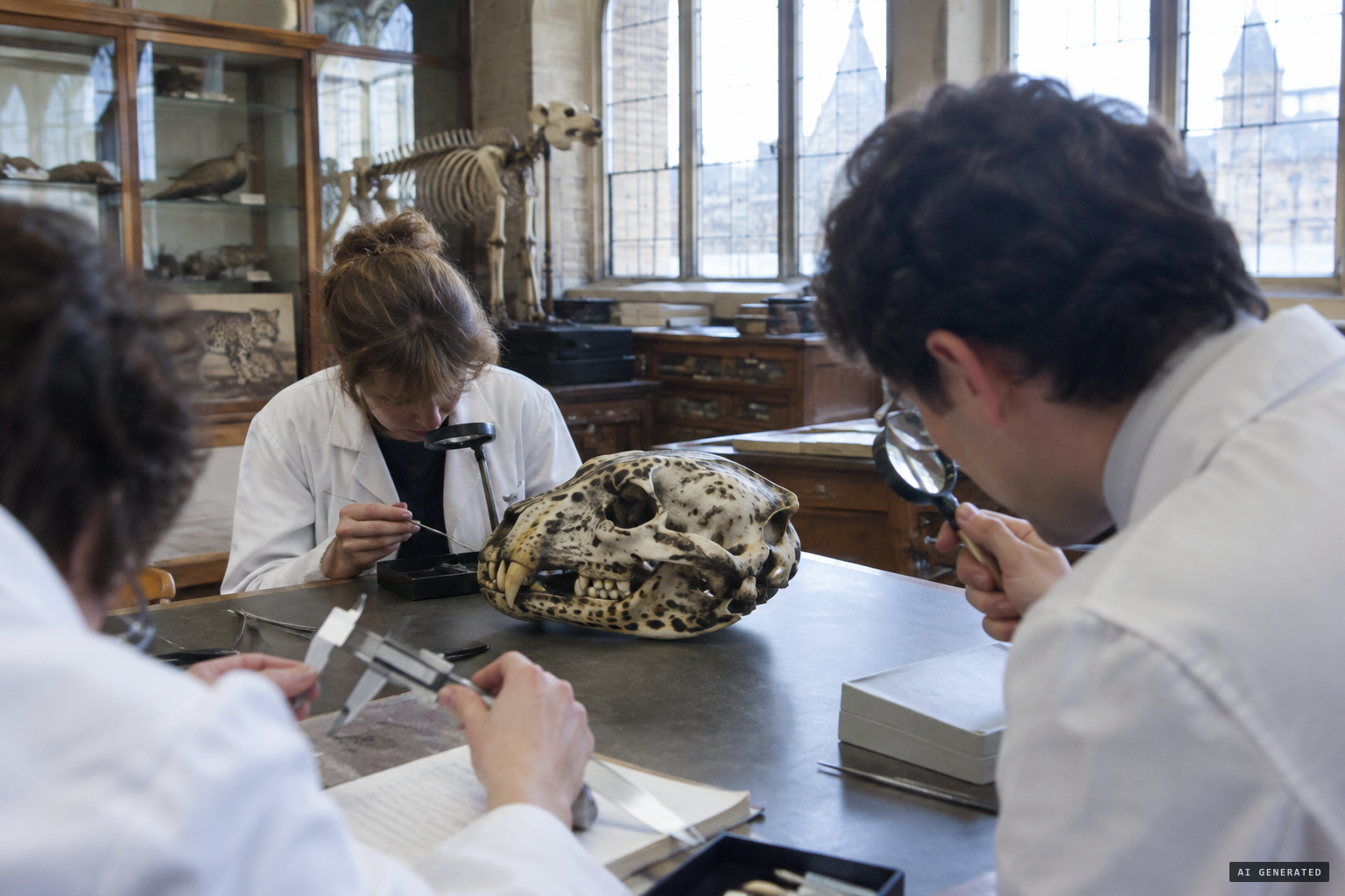 Museum scientists examine the skull: a young male leopard