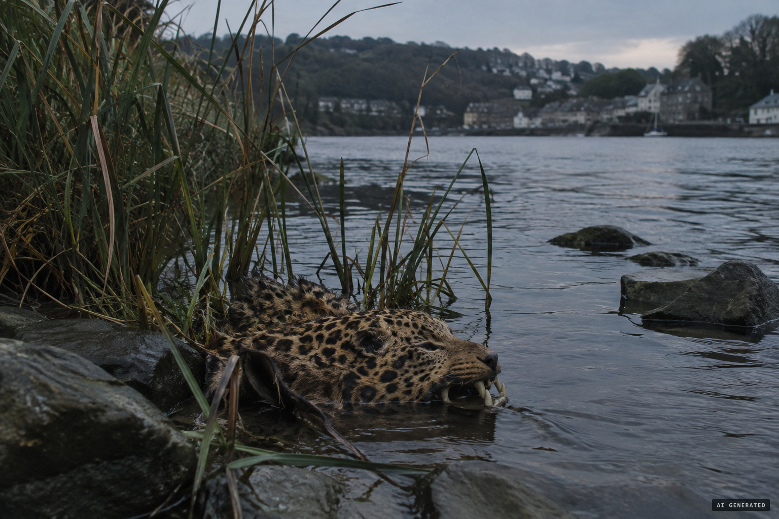 A rug trophy head ends up in the river