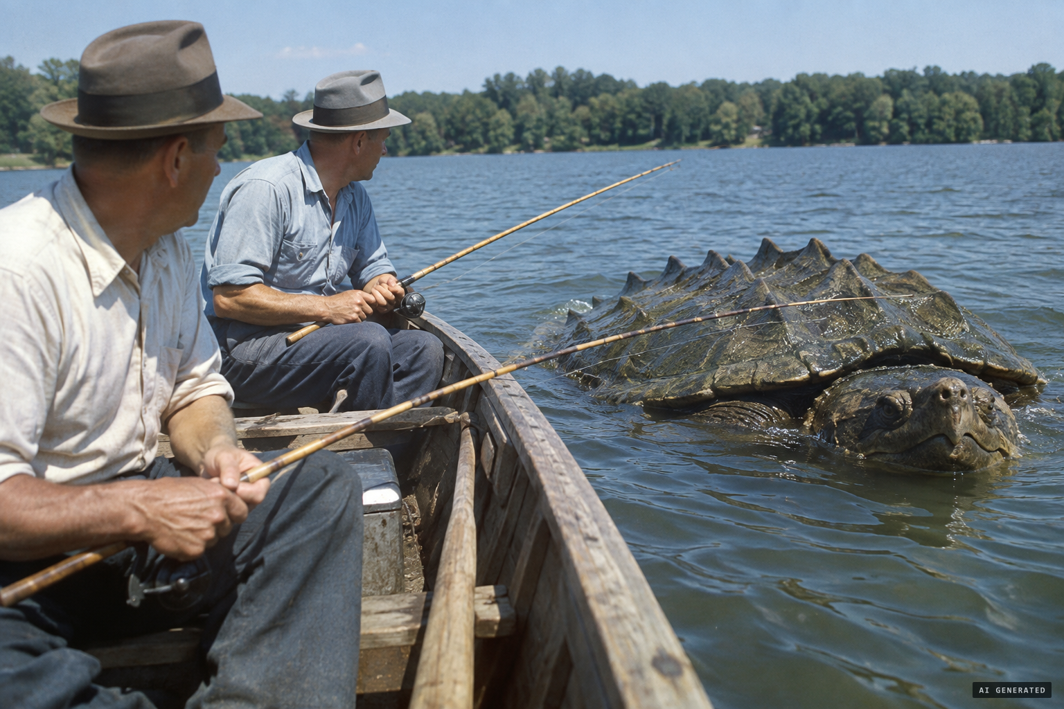 Ora Blue and Charley Wilson see a snapping turtle as big as their boat