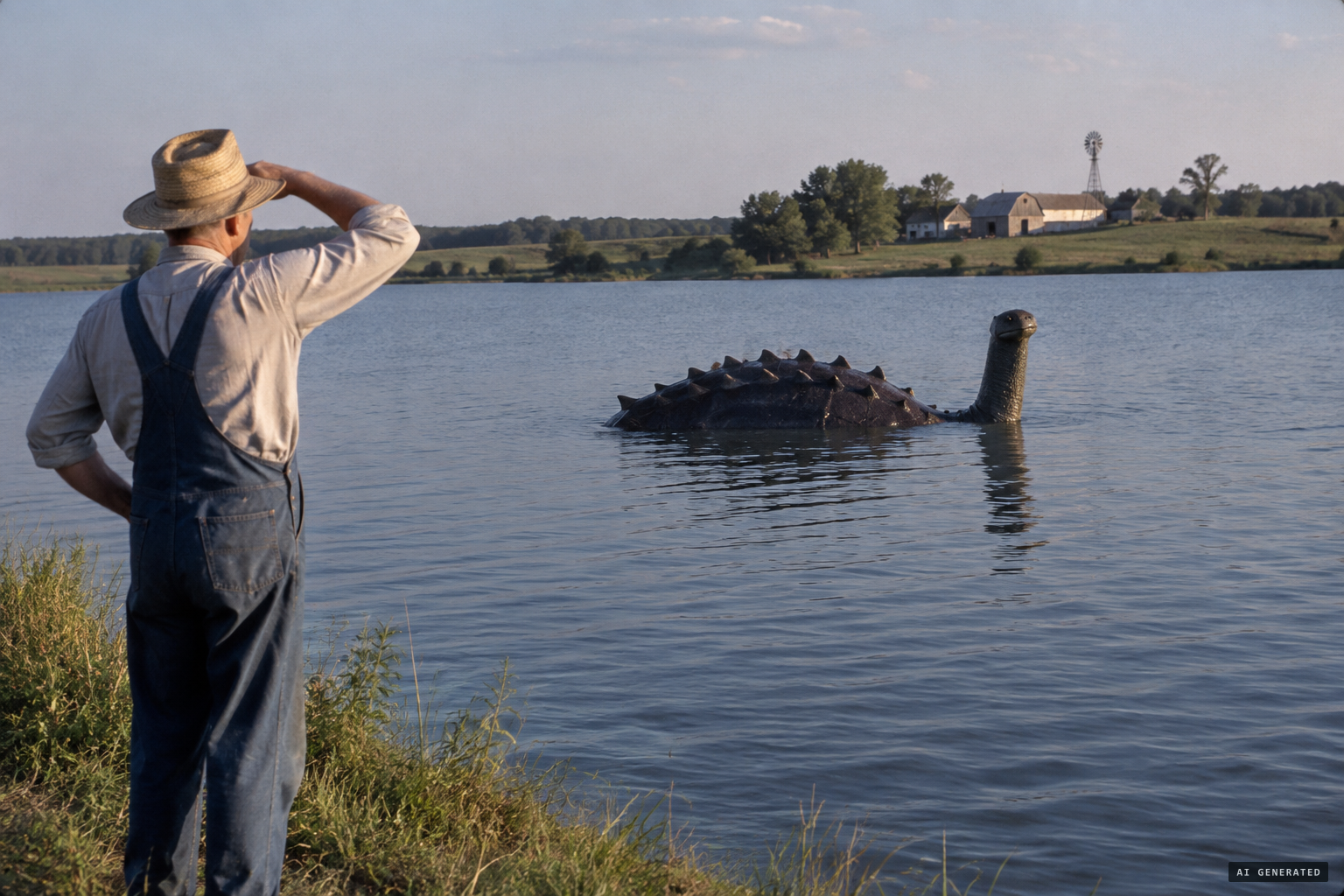 Gale Harris spots the giant turtle in the middle of the lake