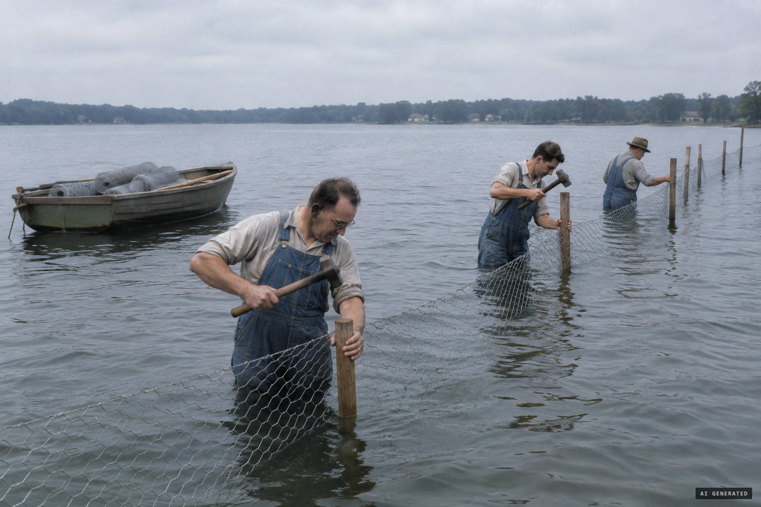 Harris builds a trap of stakes and chicken wire in about 10 feet of water