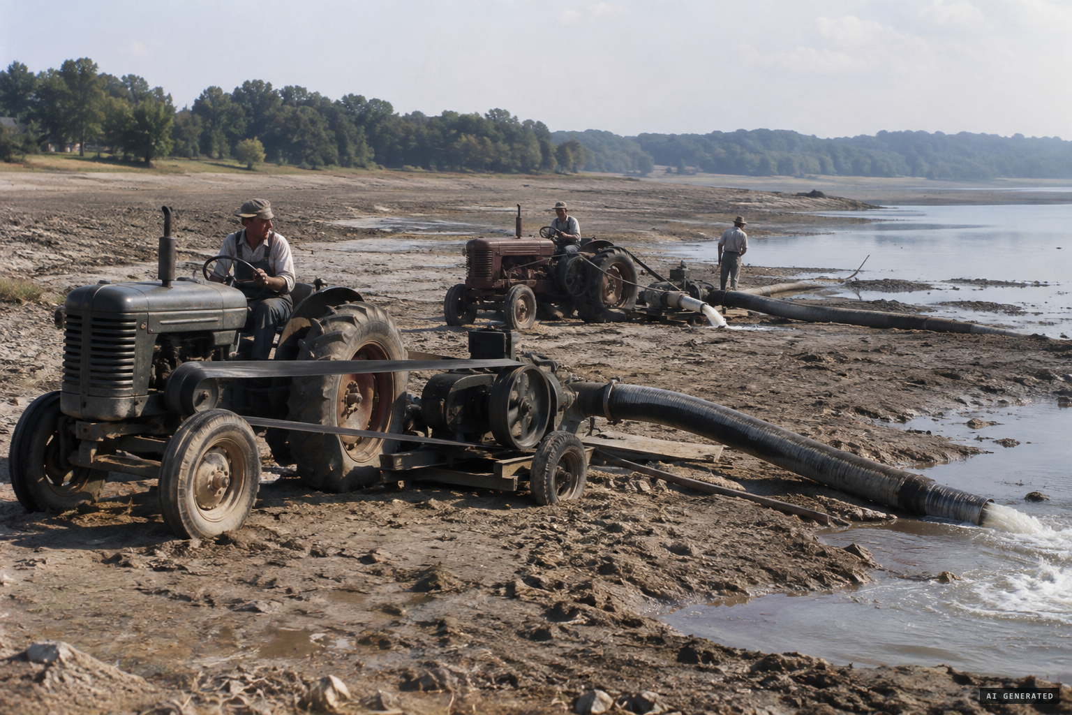 Tractor-driven pumps shrink the lake from 7 acres to 1