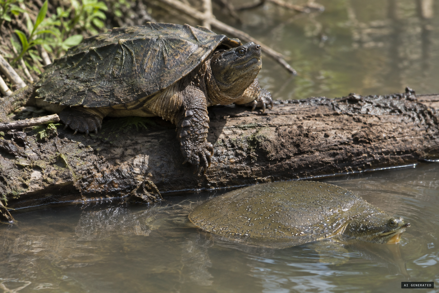 A common snapping turtle or a spiny softshell are the likelier suspects