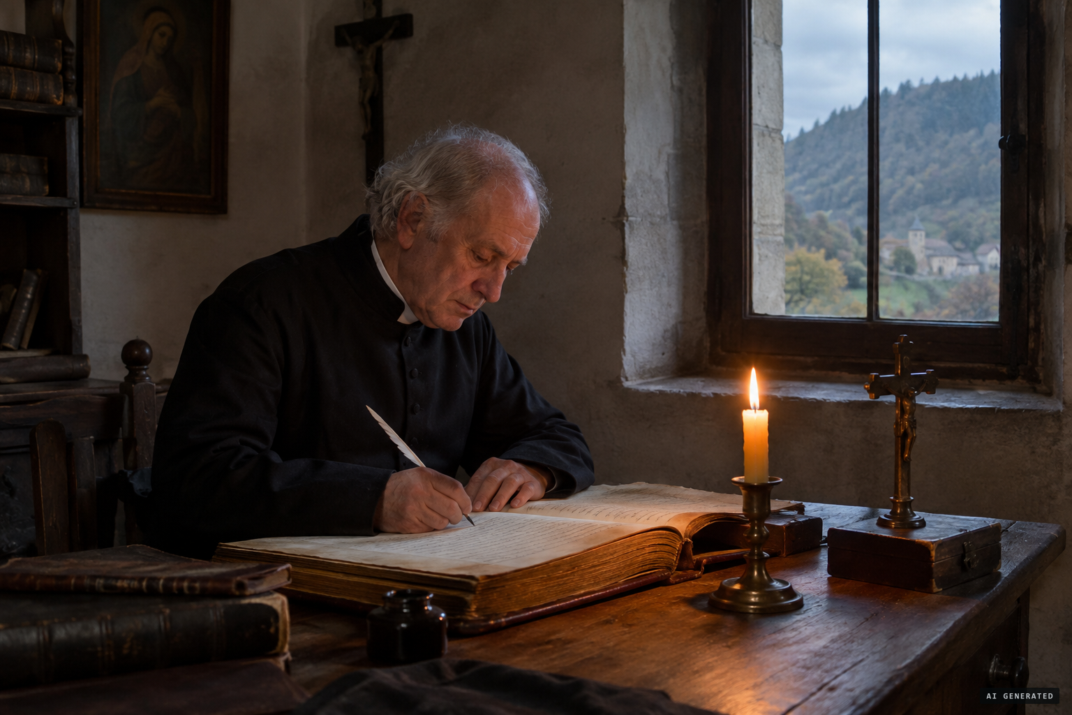 A country priest records a burial in the parish register