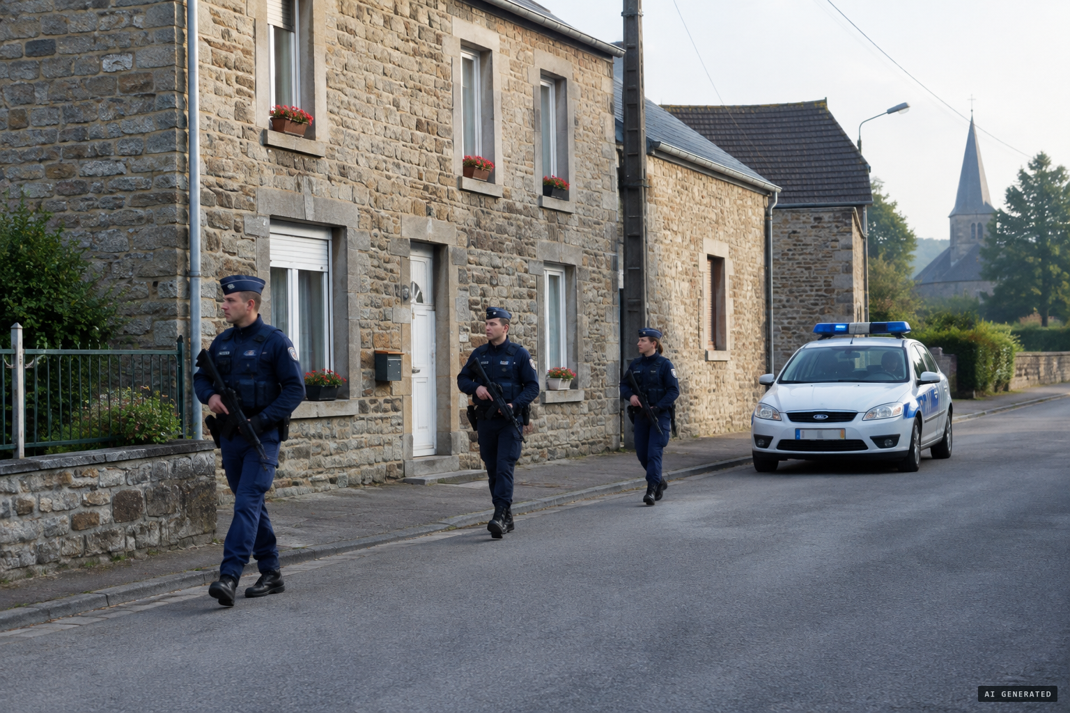 Armed police patrol Léglise after the morning sighting