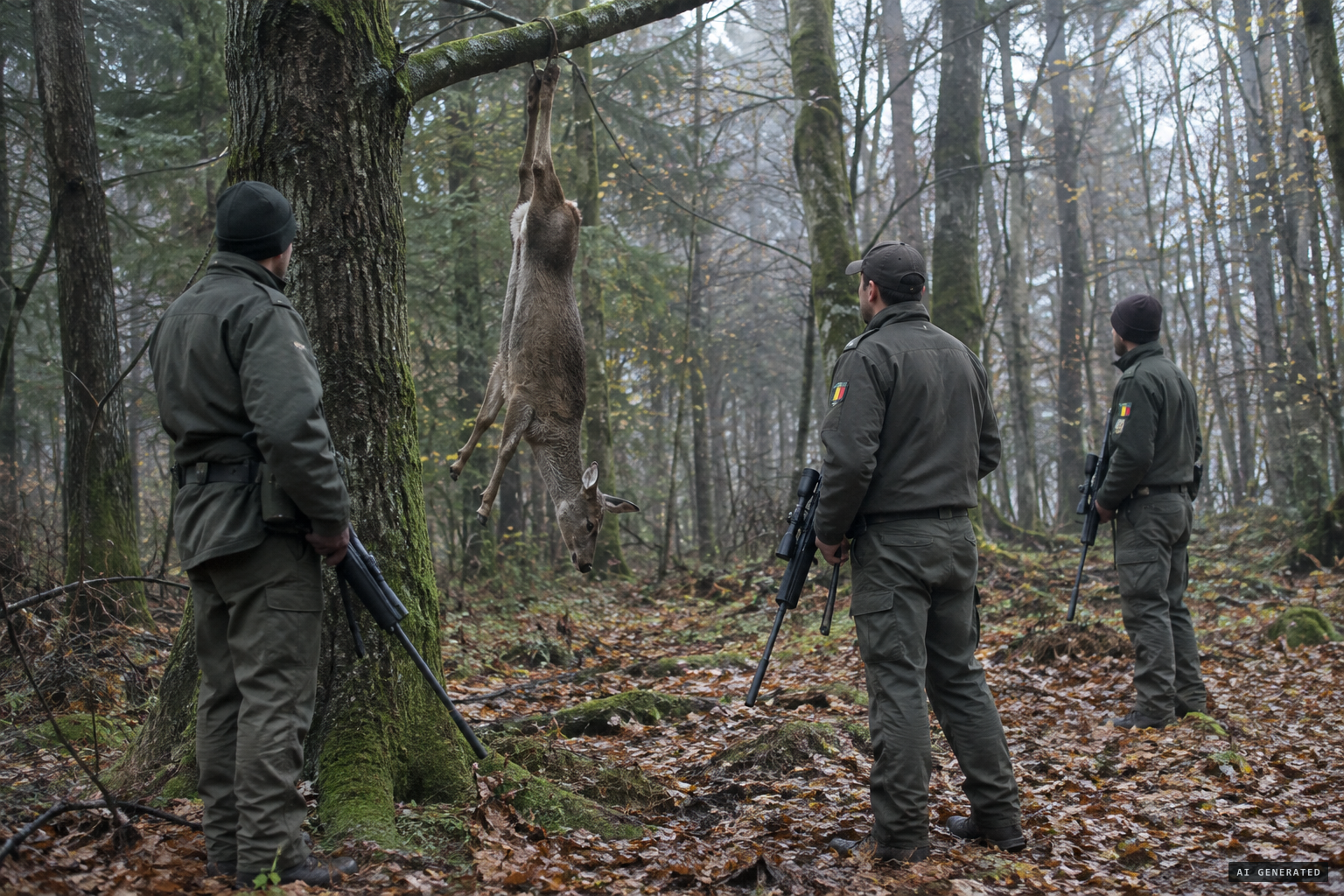 A deer carcass hung from a tree to lure the animal near Malmedy