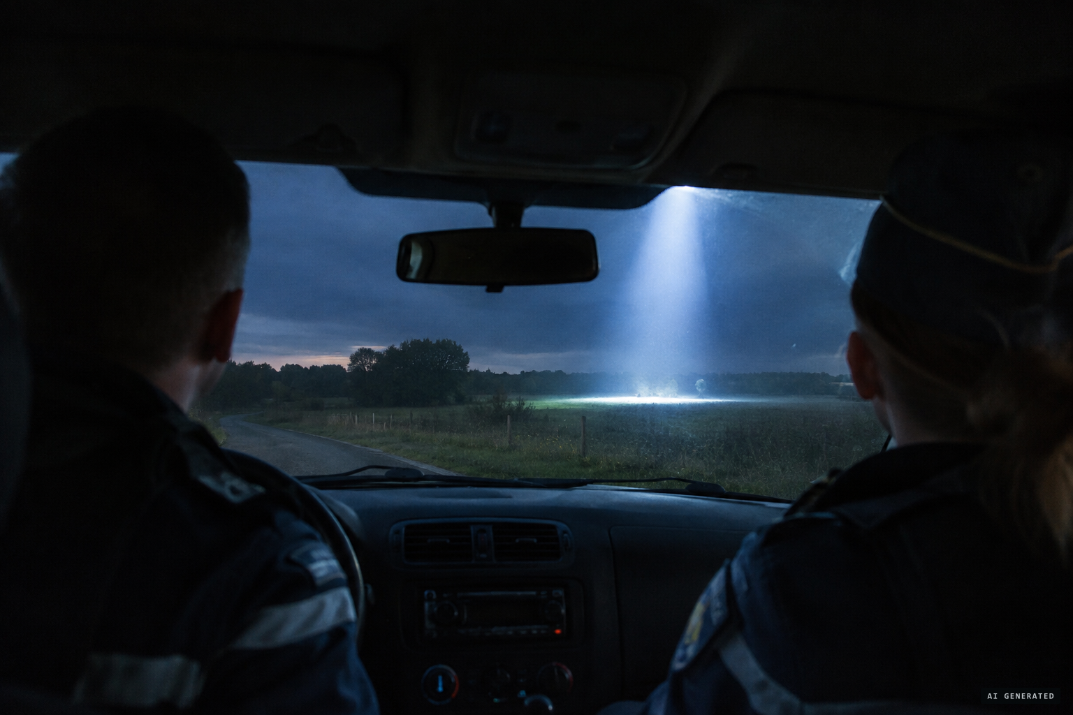 Gendarmes on patrol near Eupen see a powerful light shining down on the ground