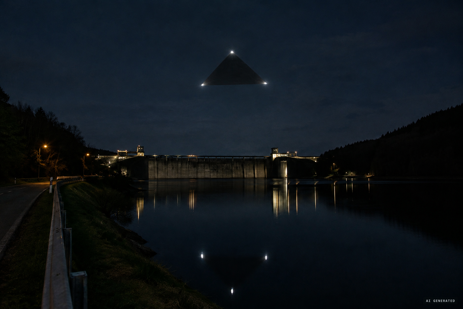 The object hovers motionless over the Gileppe dam