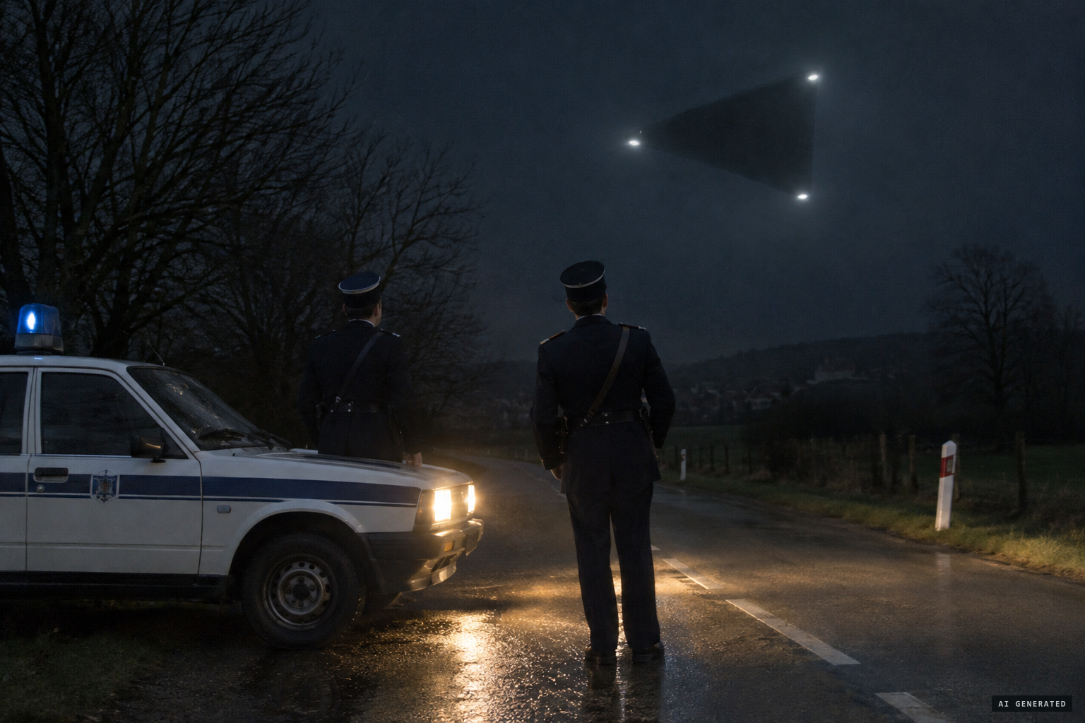 Two gendarmes in Eupen watch a large silent triangle with three bright corner lights, 29 November 1989.