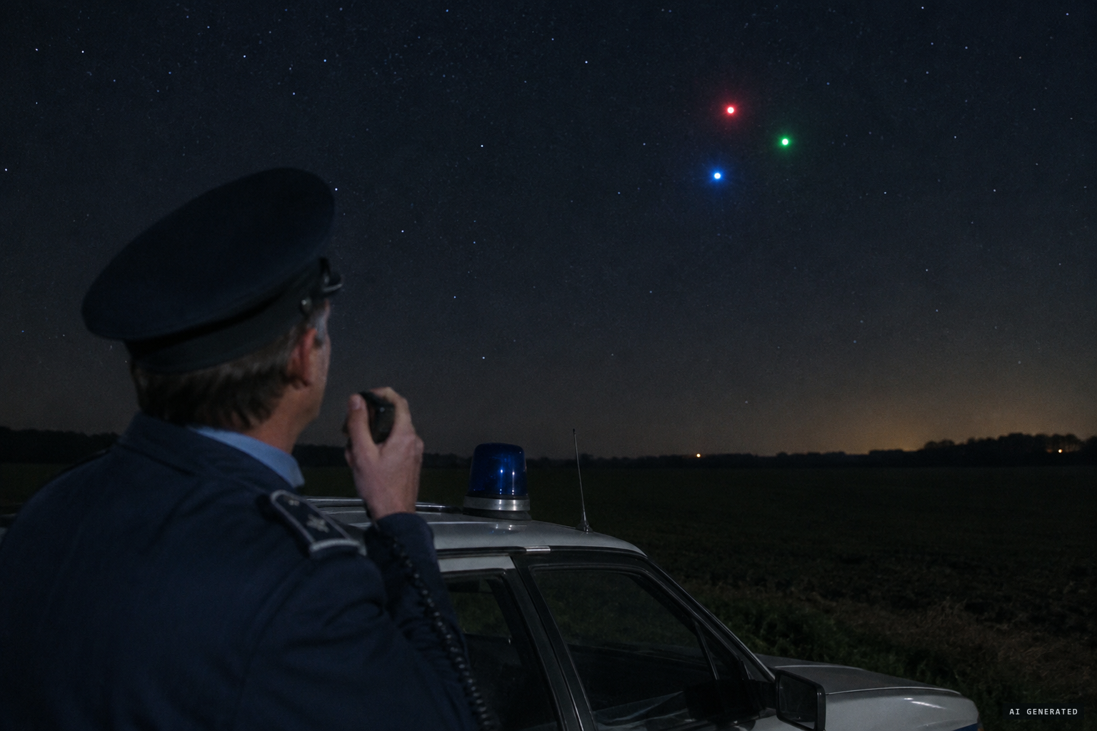 Near Ramillies, a gendarme reports three blinking, colour-changing lights in a triangle.