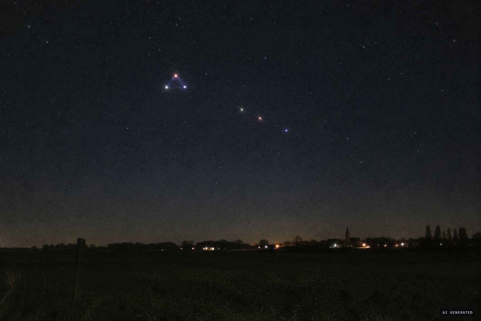 Three more lights move in with irregular speeds, forming a second triangle.
