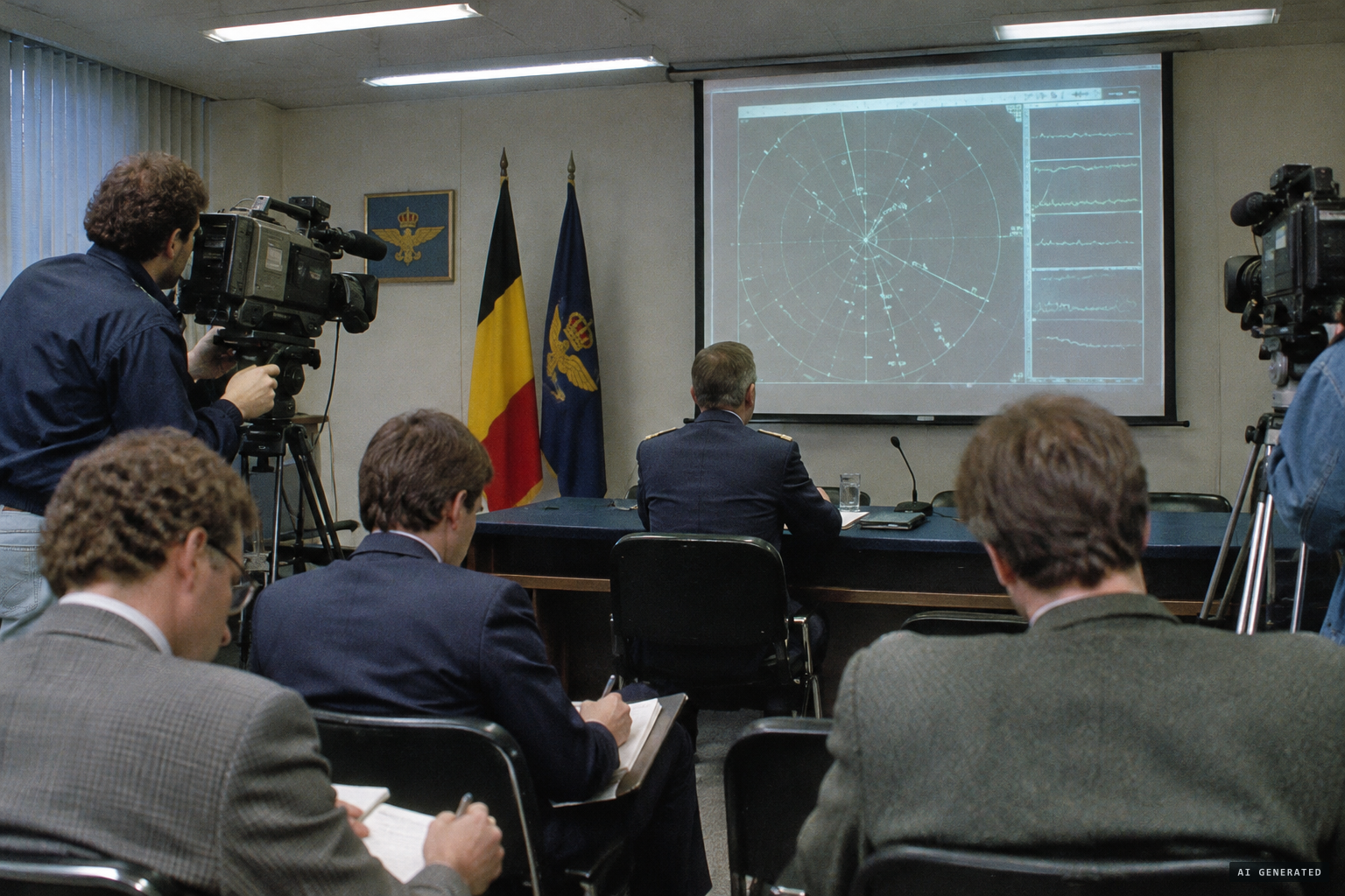 The Air Force presents its report and radar recordings to the press, 11 July 1990.