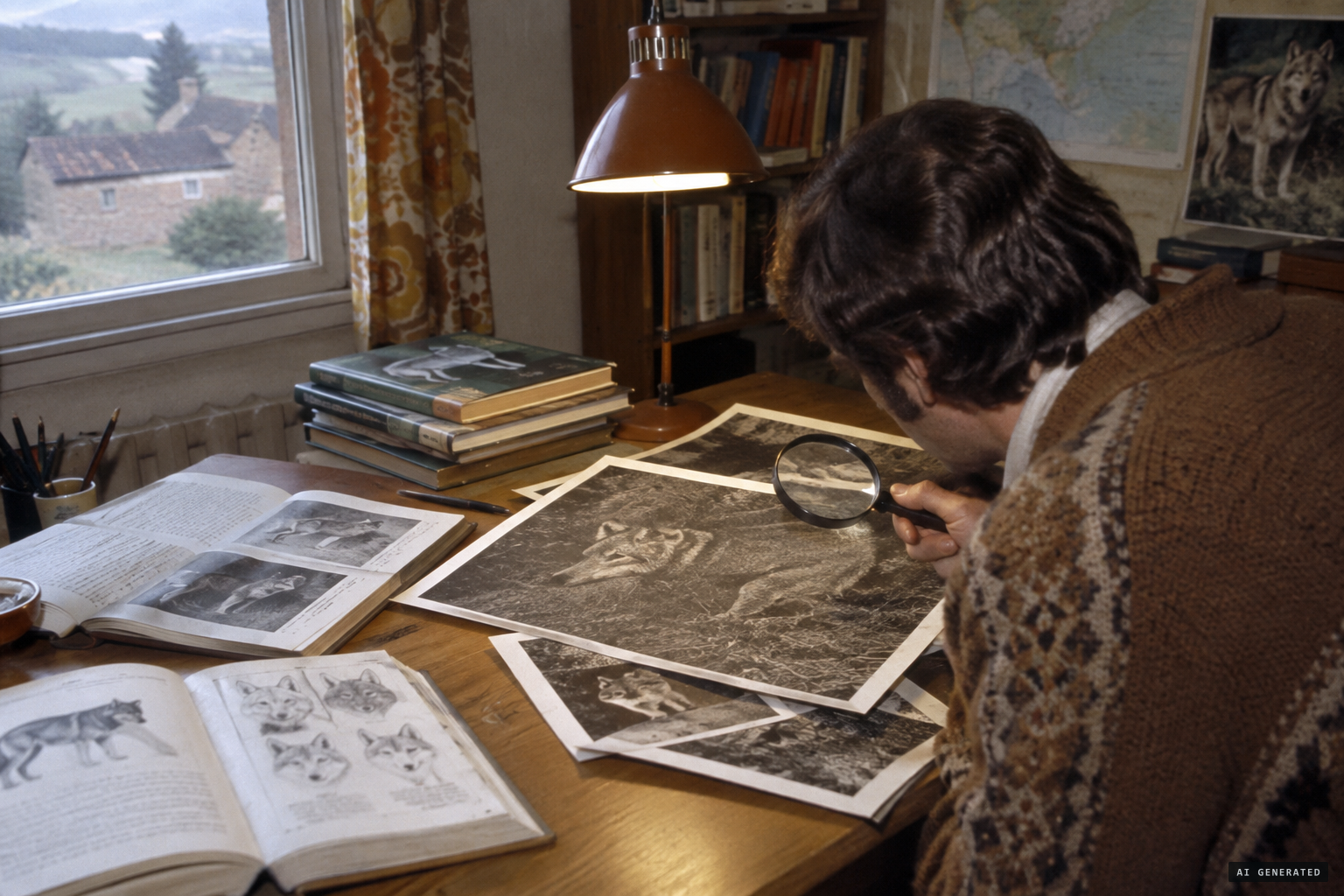 Daniel Jumentier studies the photographs: probably a wolf-dog cross