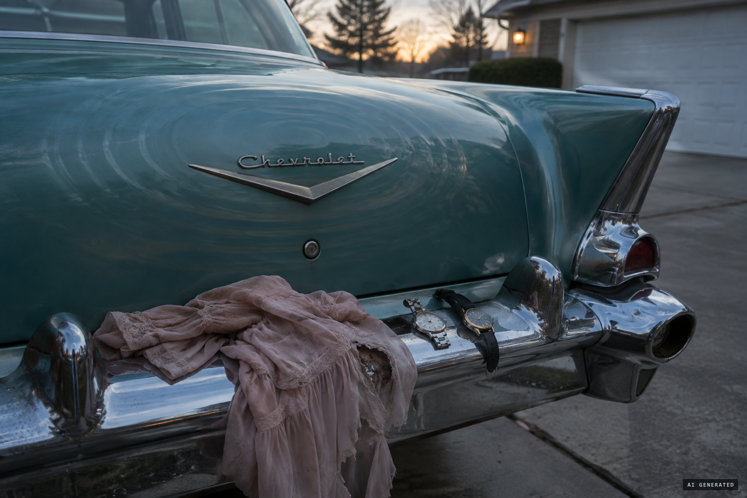Home at dawn: stopped watches, a torn dress and shiny circles on the trunk.