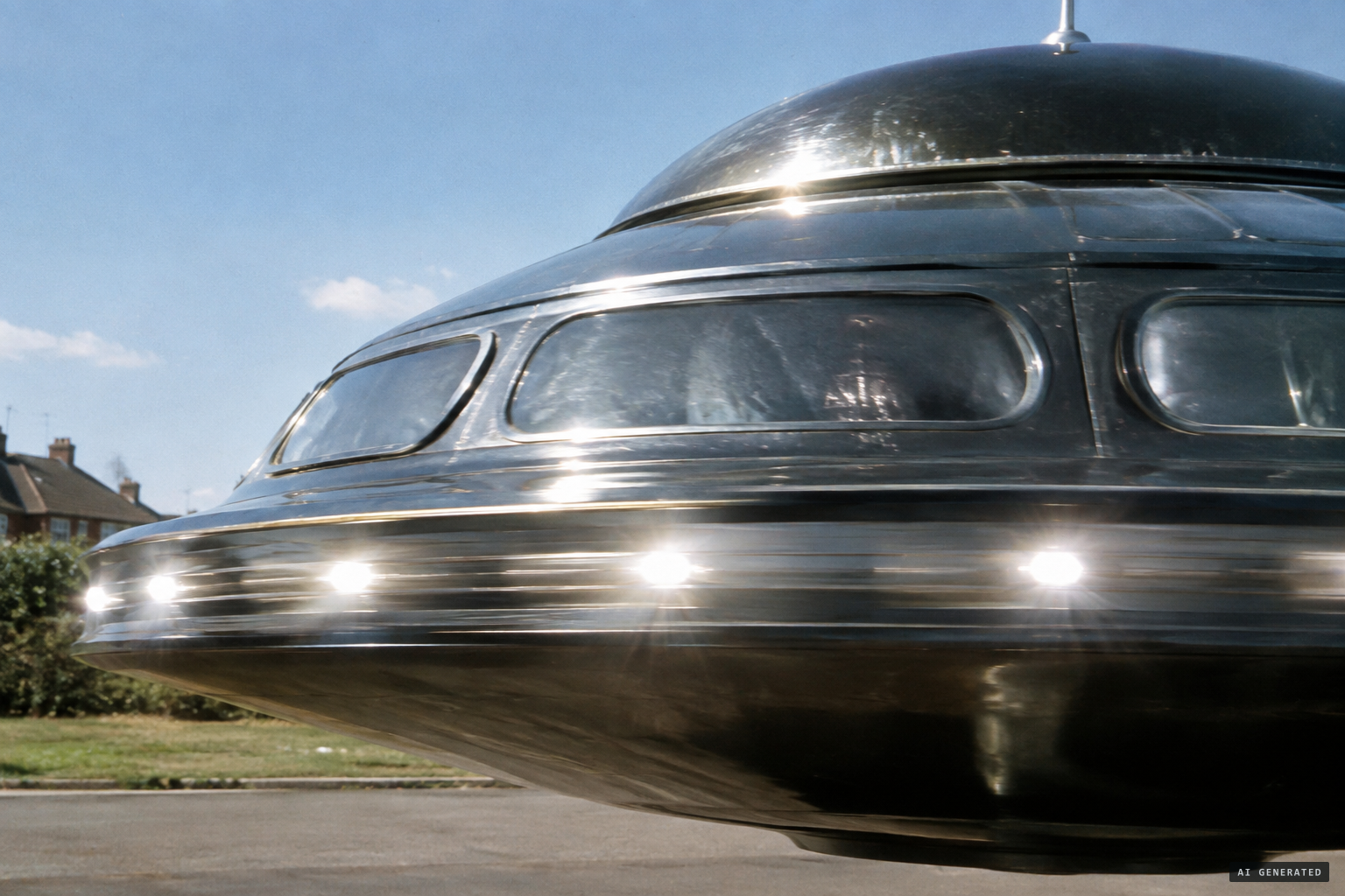 Polished black hull, concave windows, and a spinning rim of flashing lights