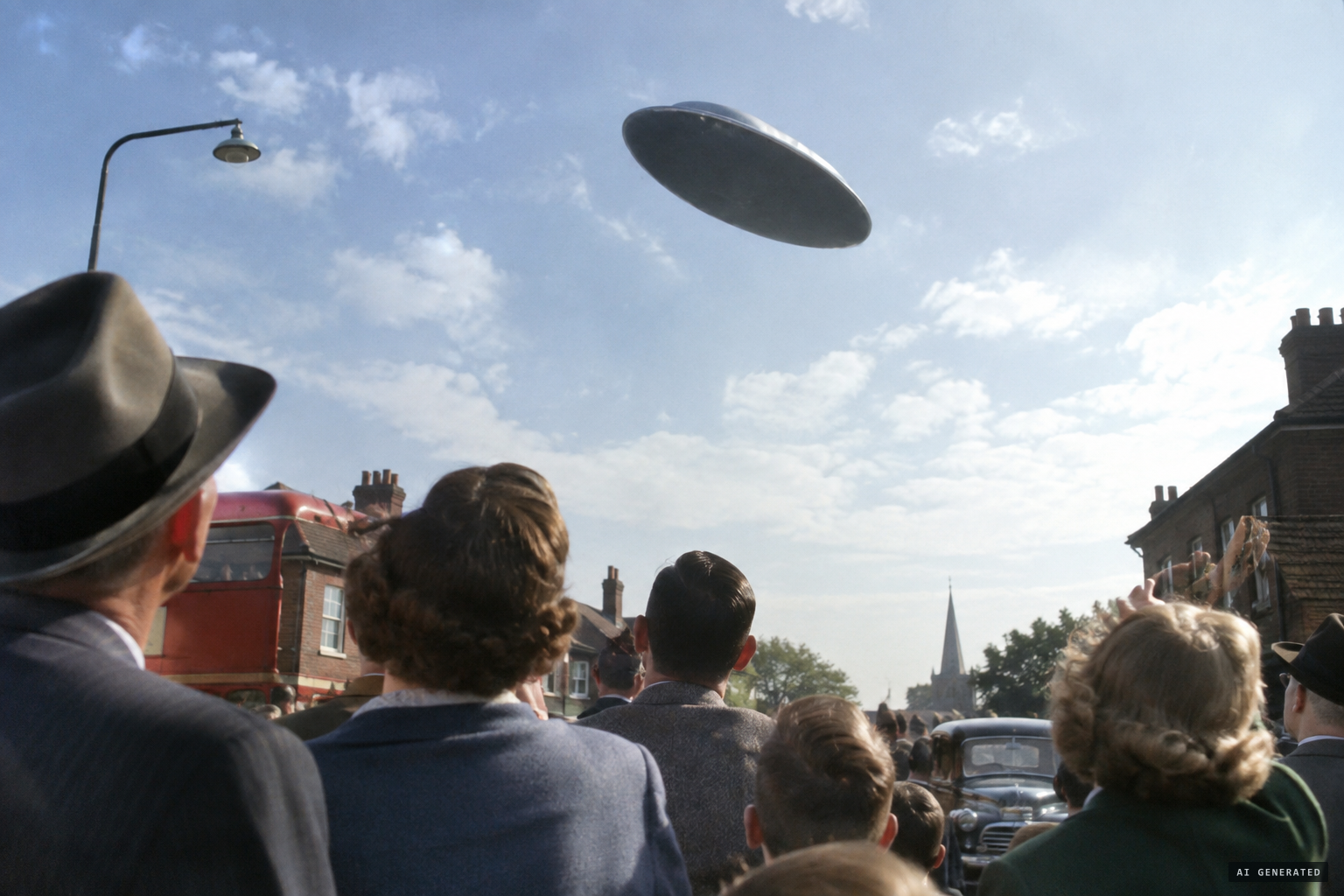 The object lifts off and hovers, tilting, above the watchers