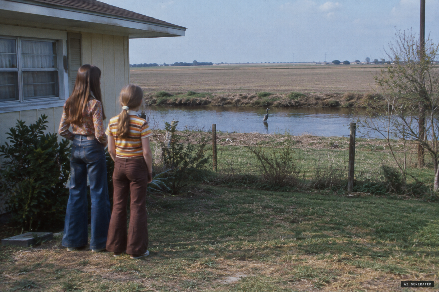 Tracey and Jackie see a large bird standing in the irrigation canal