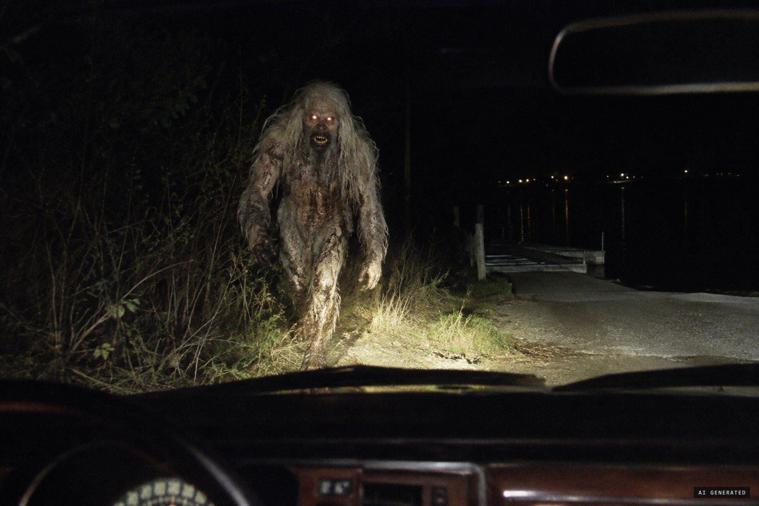 A tall, pale, mud-caked creature with glowing red eyes lumbers toward the car