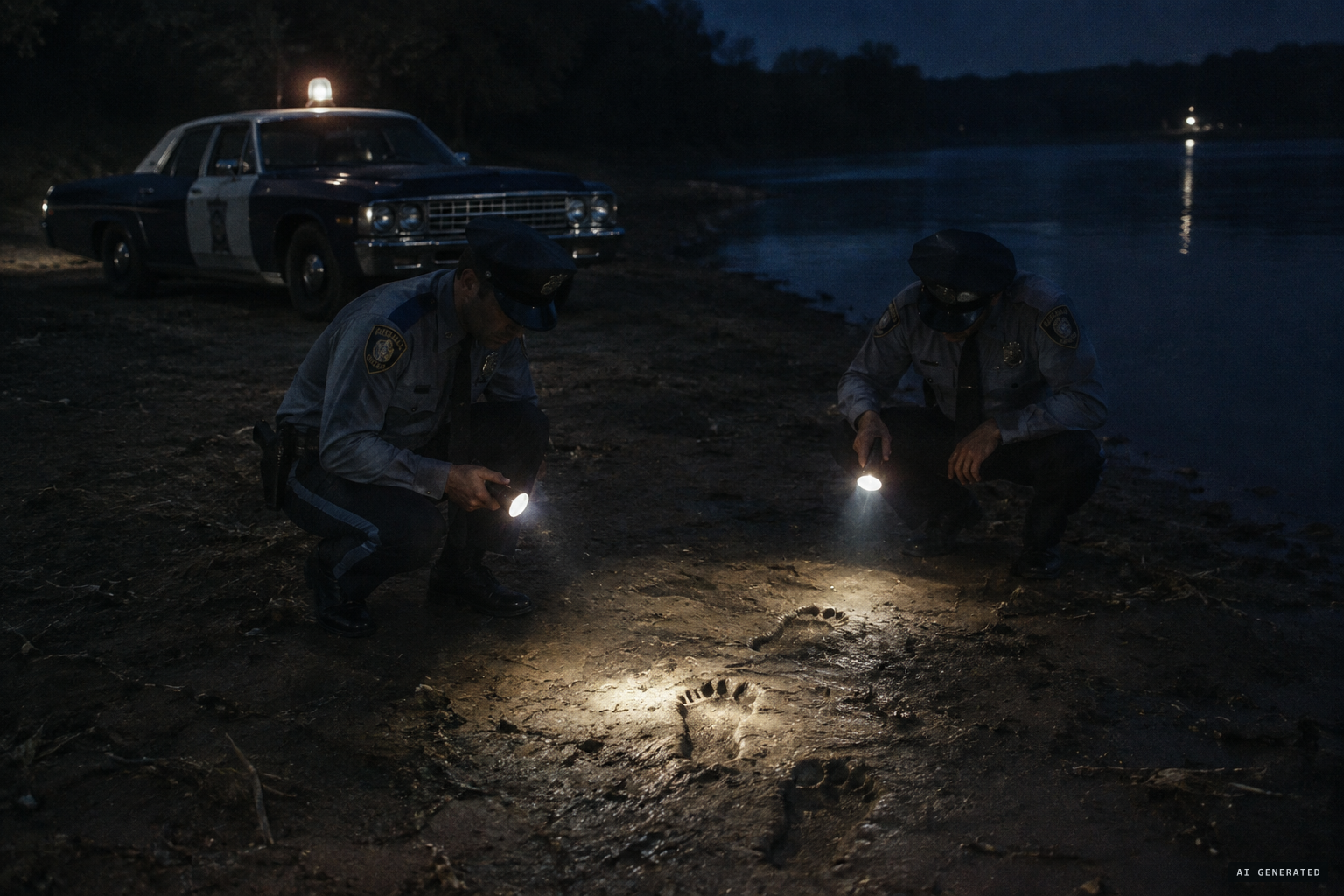 Officers find large footprints in the soft mud at the ramp