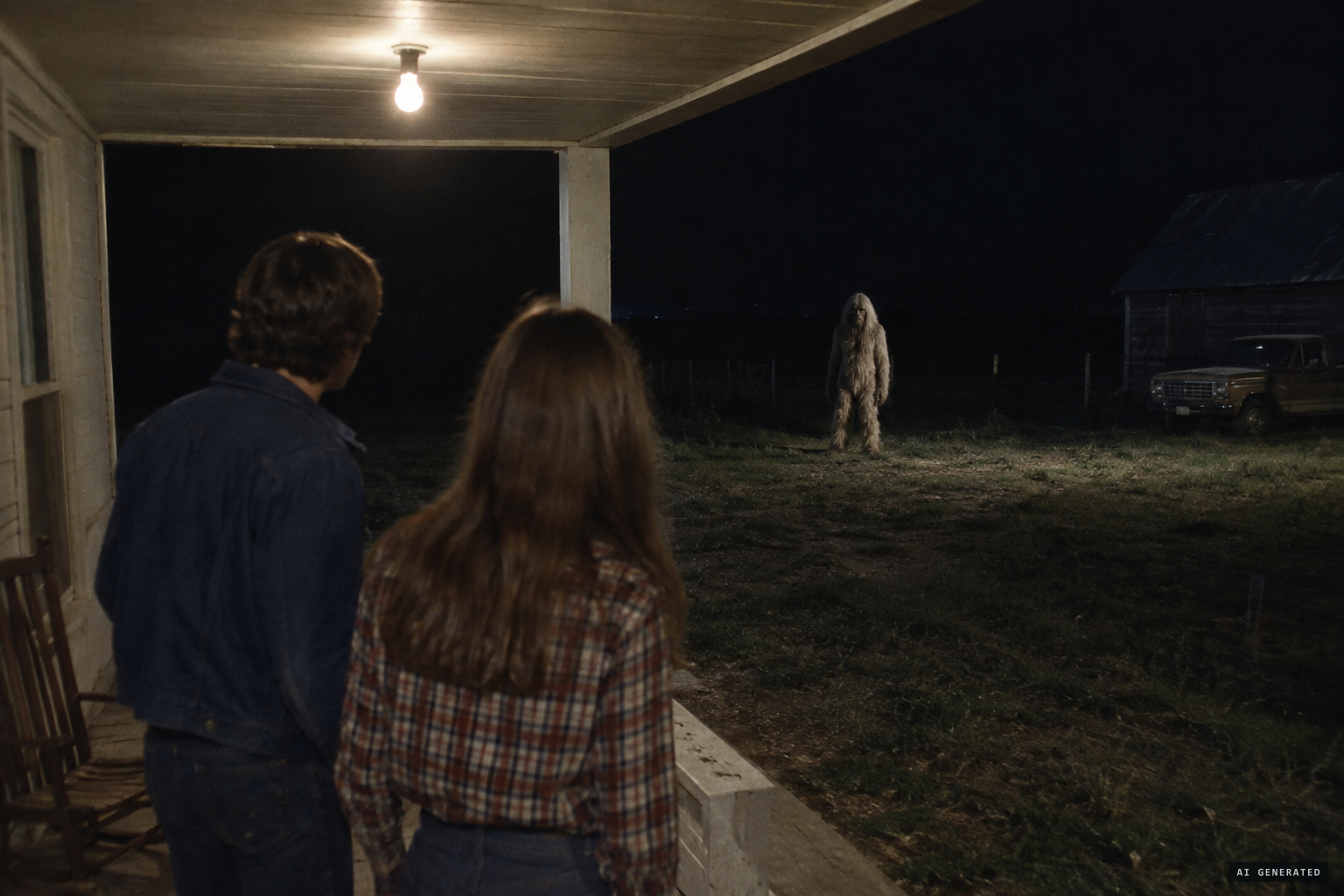 The creature stands 15 feet from the farmhouse porch
