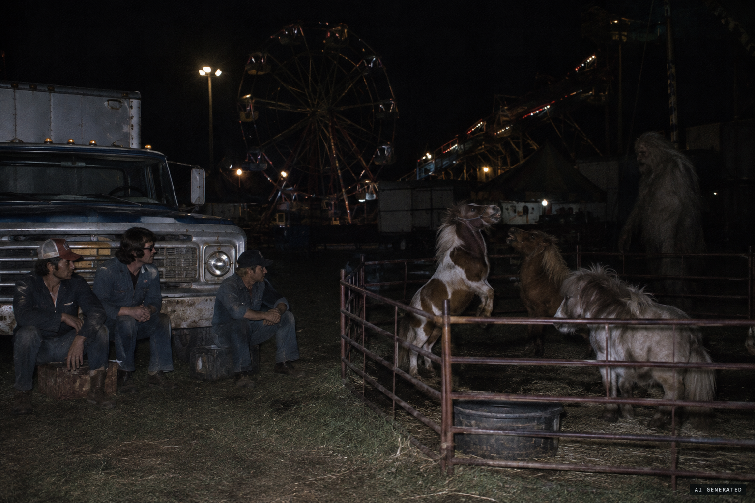 At the carnival, the creature watches the Shetland ponies