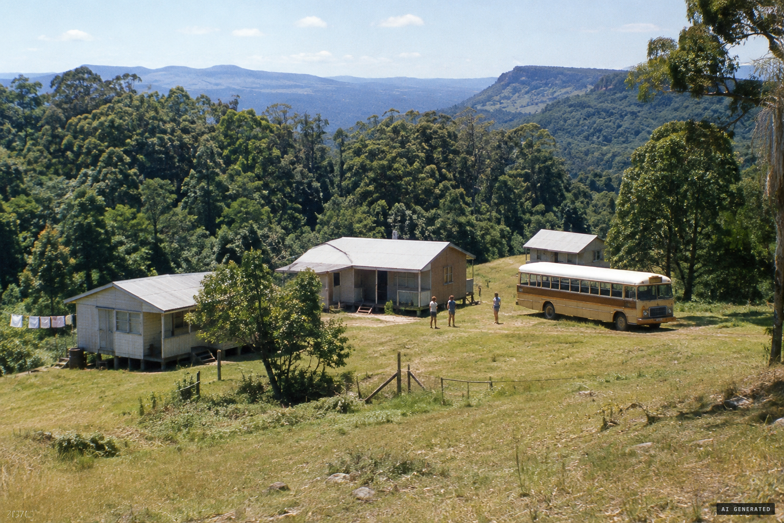 Koonjewarre campground: cabins on old grazing land at the edge of the Springbrook forest