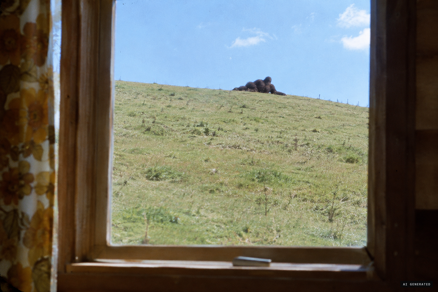 From a cabin window, something large lying on the open ground uphill