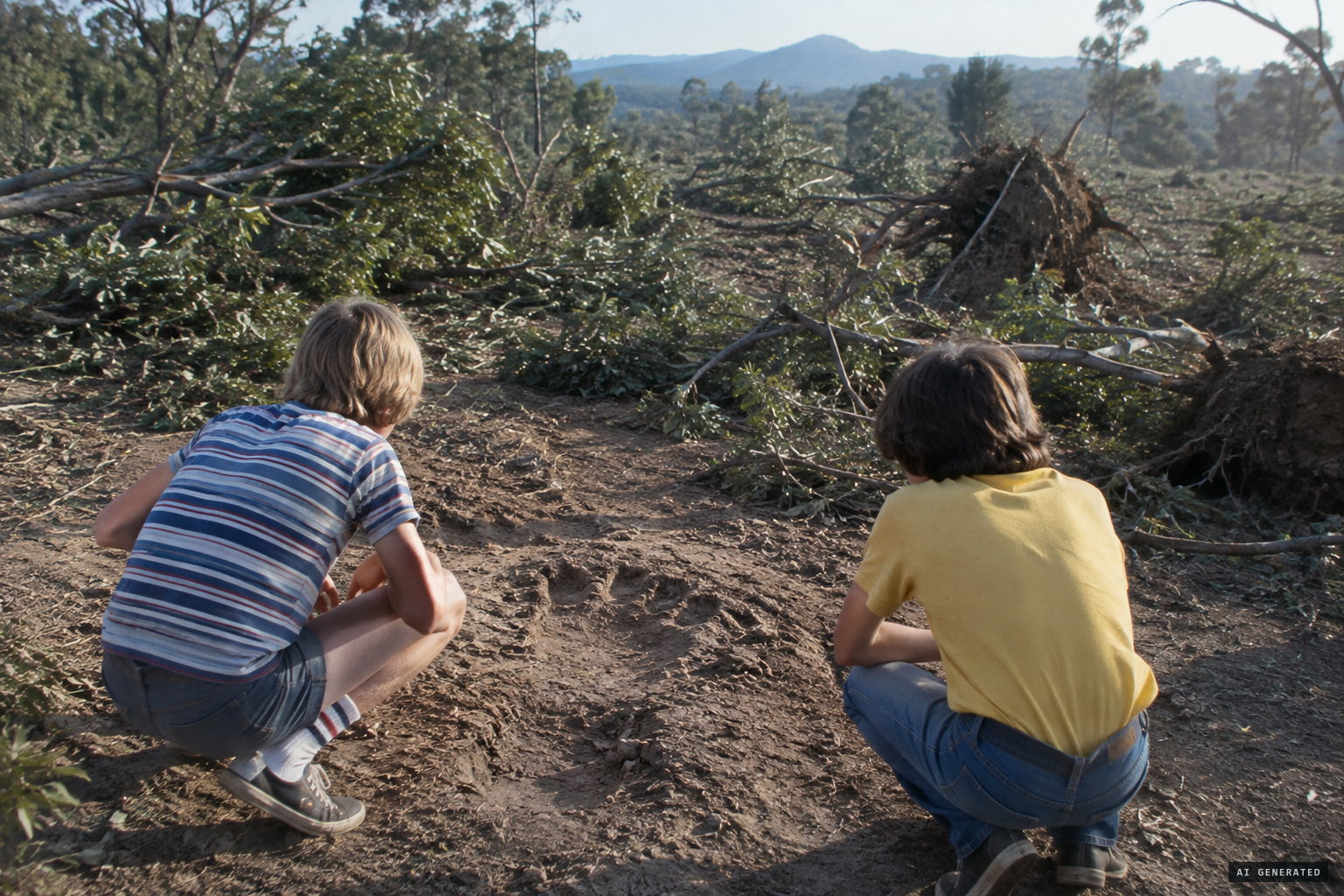 The next morning: indistinct footprints and bushes hurled all over the place