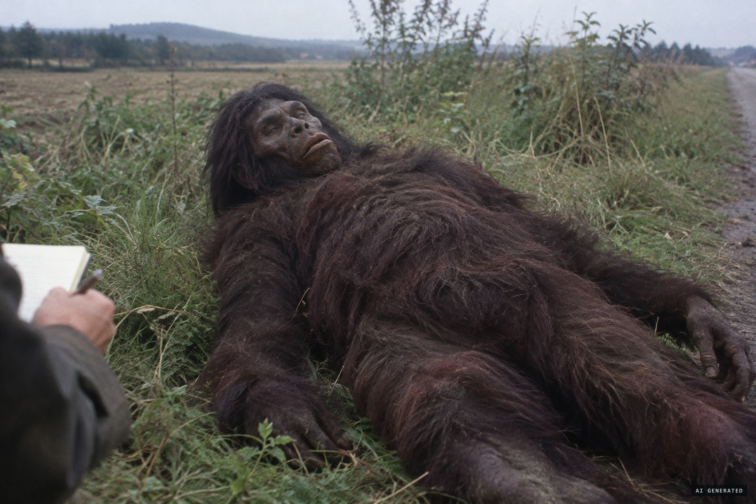 About 2 metres tall, thickly haired, with a narrow face and deep-set eyes