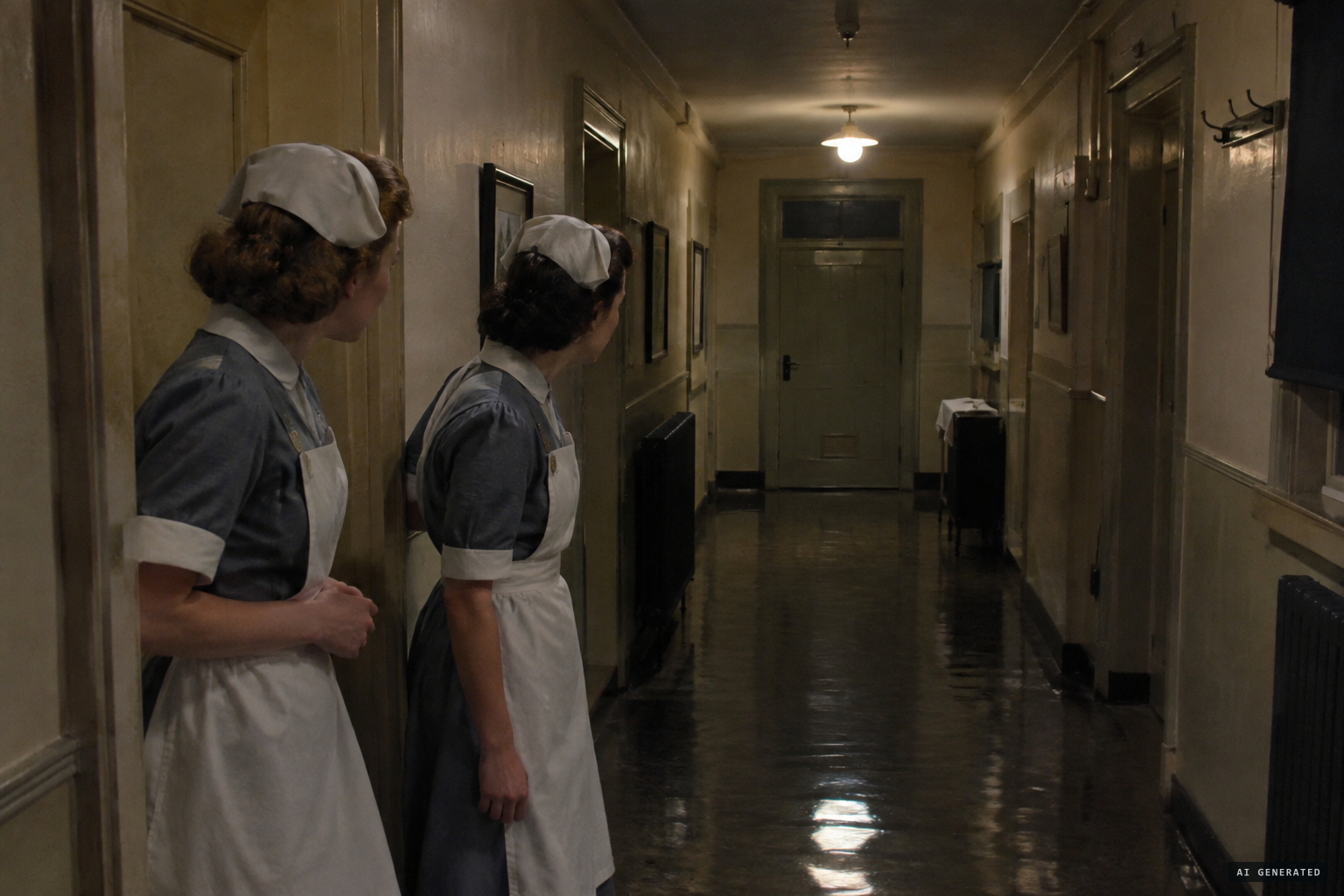 Two WAAF orderlies hear a door close and heavy footsteps in the sick quarters