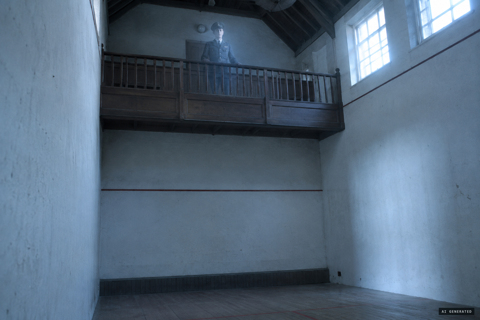 A man in RAF uniform seen in the squash court's viewing gallery