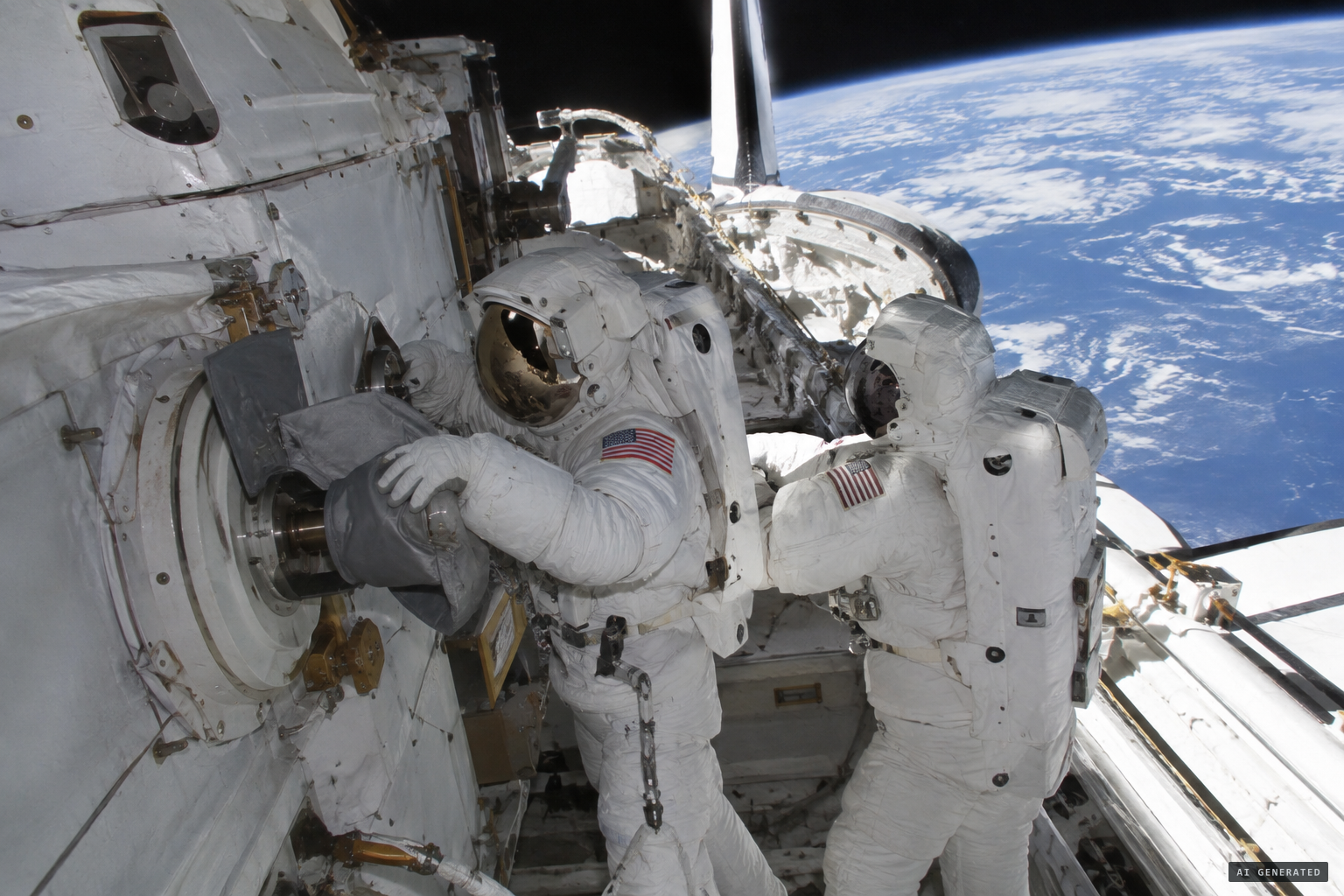 Spacewalkers strap insulating covers over Unity's trunnion pins