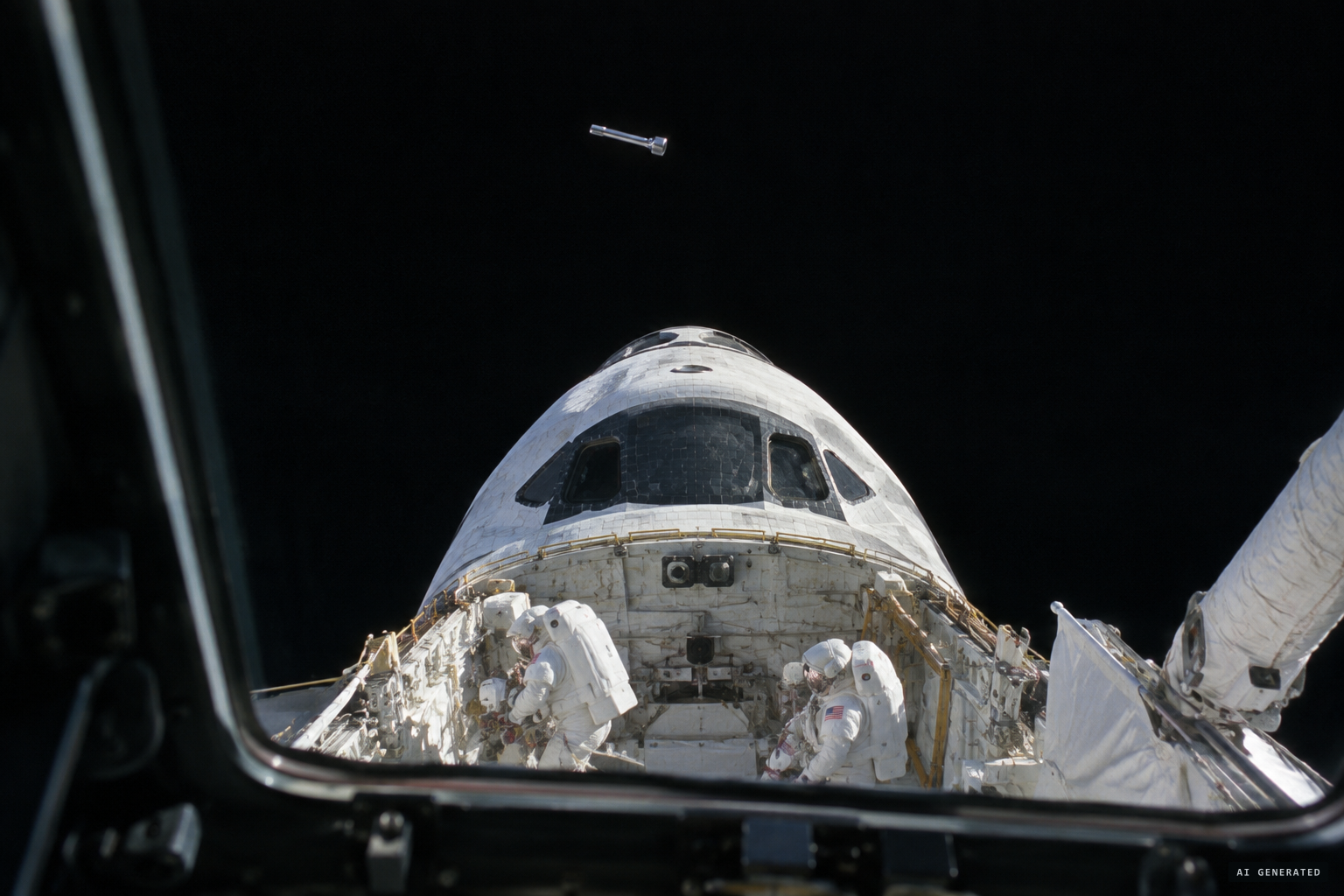 A lost socket floats above the orbiter's nose, barely moving