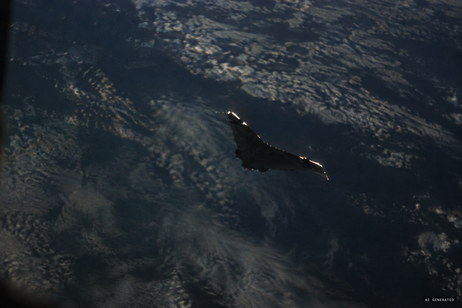 A dark irregular shape silhouetted against the clouded night-side Earth