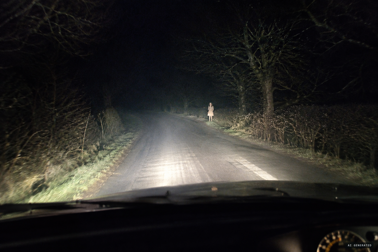 Goodenough's headlight picks out a girl walking out from the edge of the road.