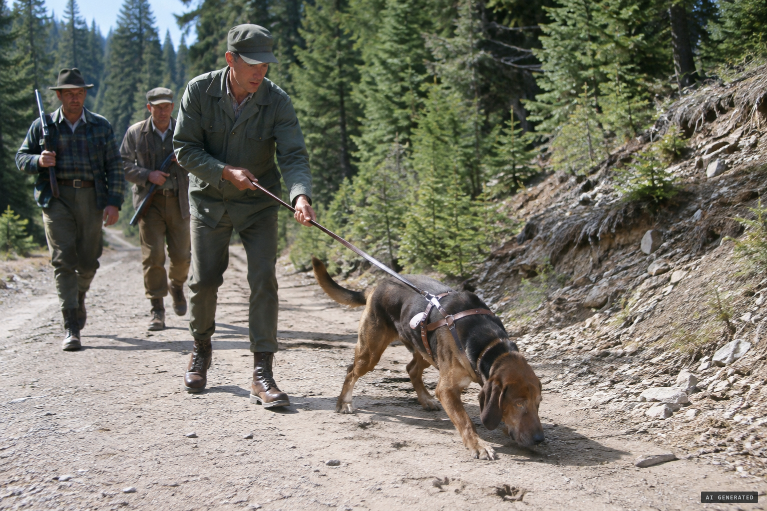 Dale Moffit's tracking dog White Lady, guarded by two rifles