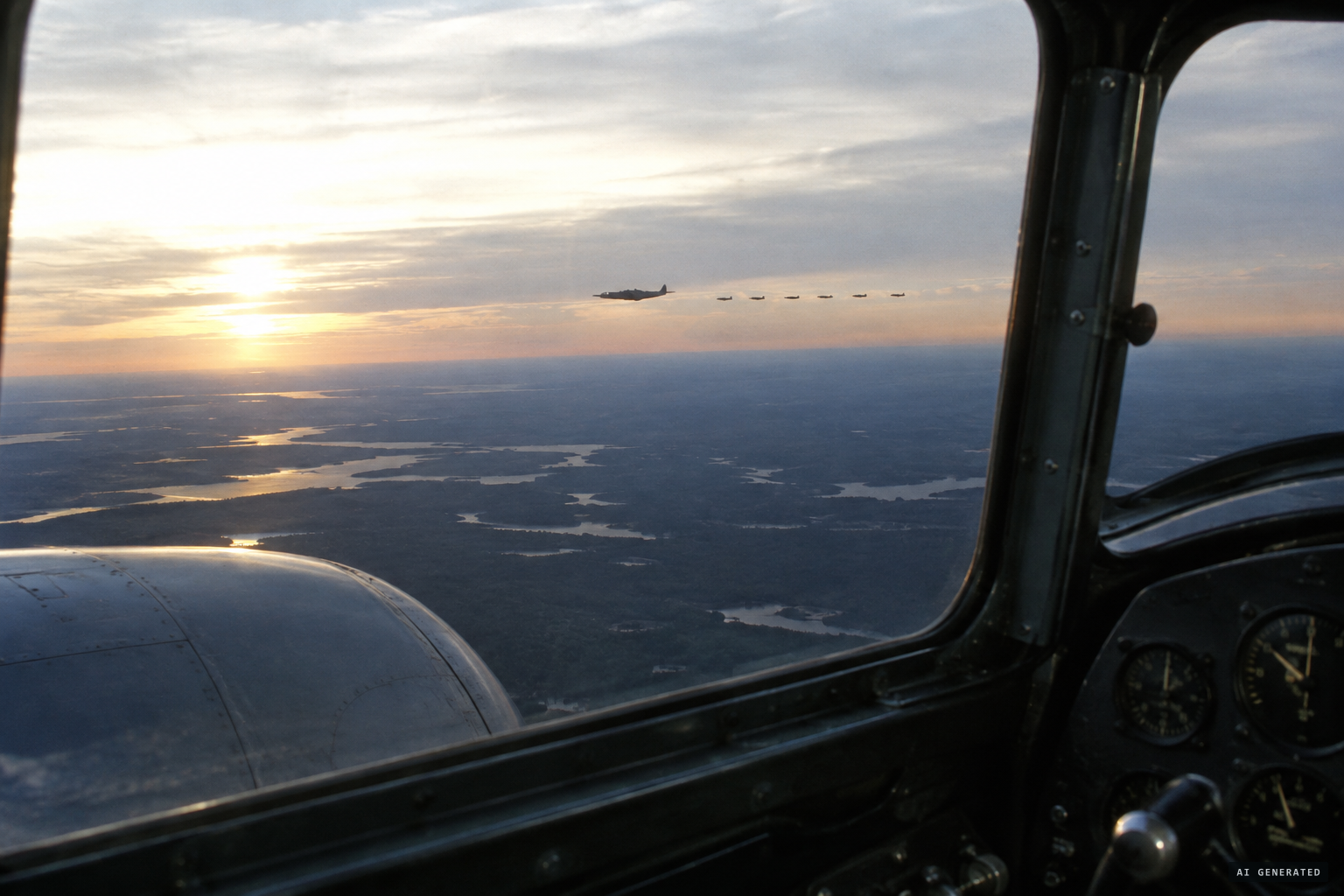 Off to port, one large dark object and six smaller ones pace the airliner