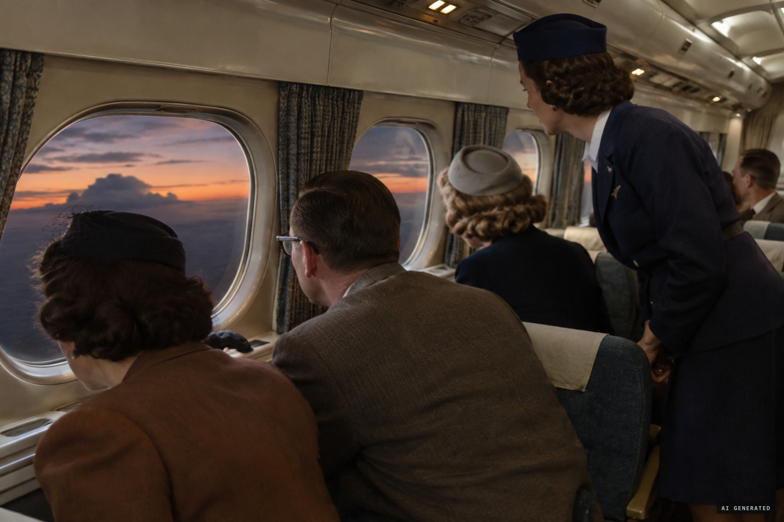 The stewardess and about 20 passengers watch from the port windows