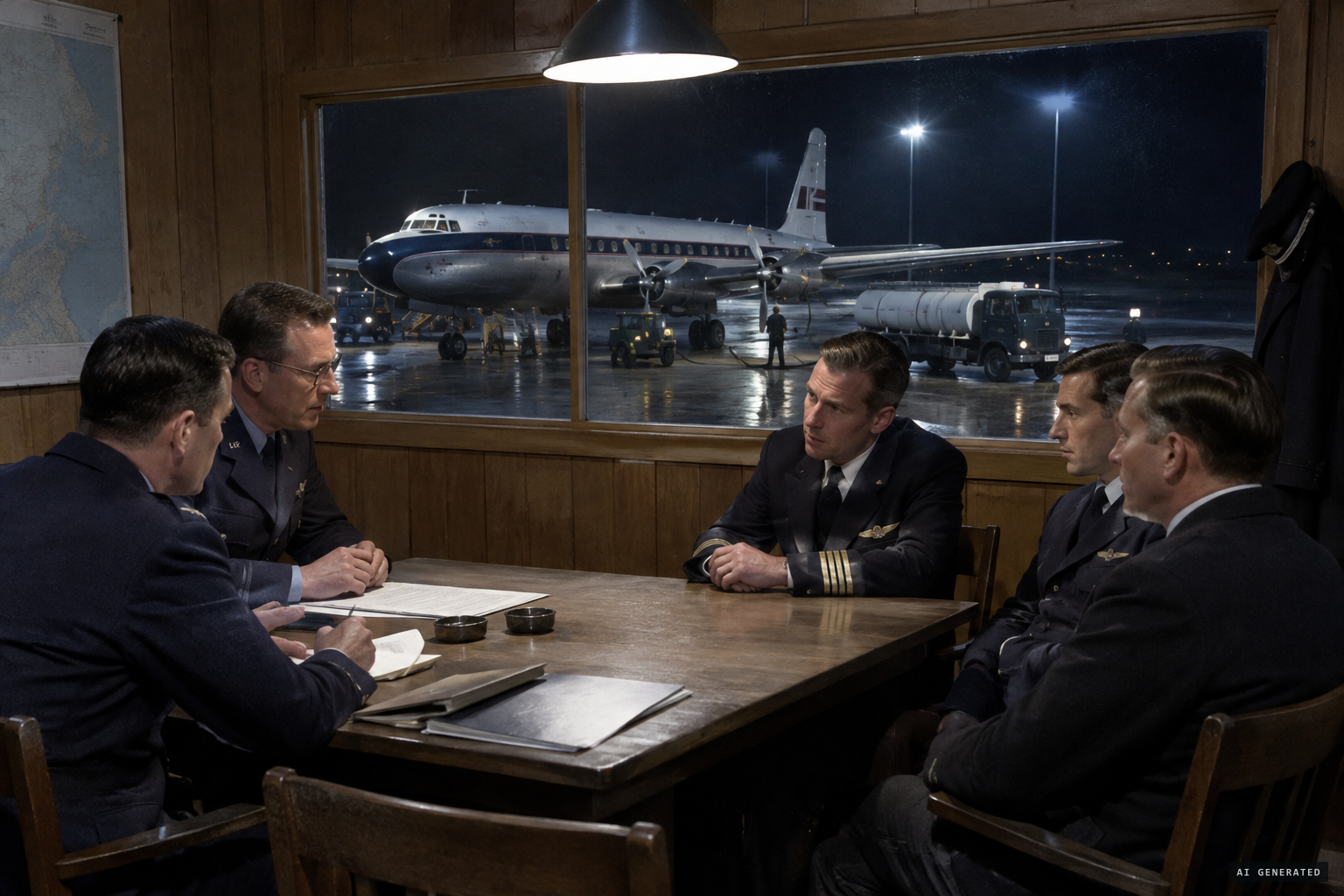 USAF intelligence questions the crew during the refuelling stop at Goose Bay