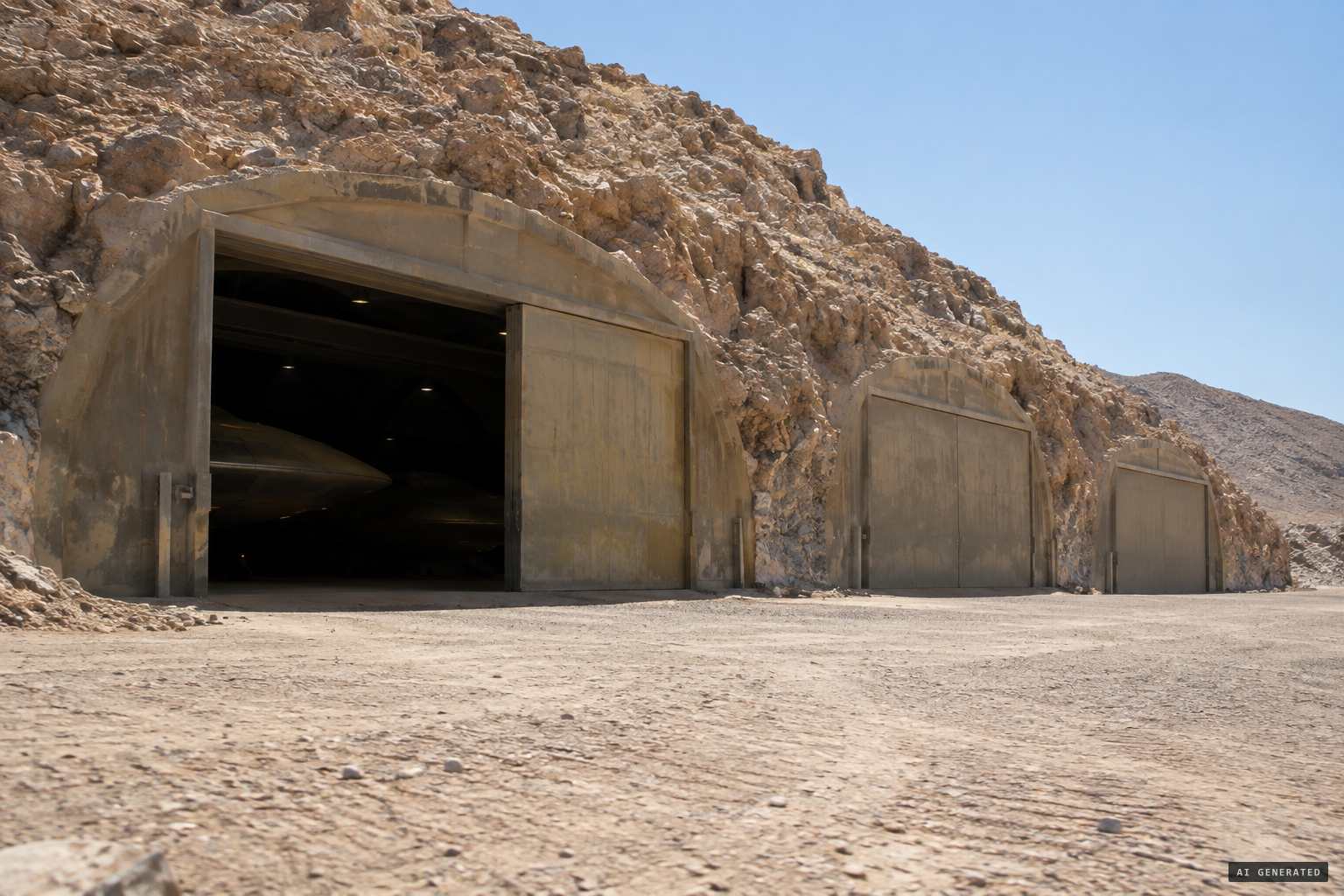 Nine hangars built into a mountainside, disguised to look like the desert floor