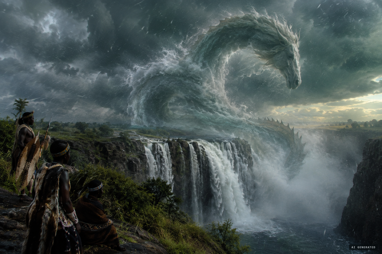 The Inkanyamba, the 'snake cloud' of Zulu tradition, tied to the storms over Howick Falls