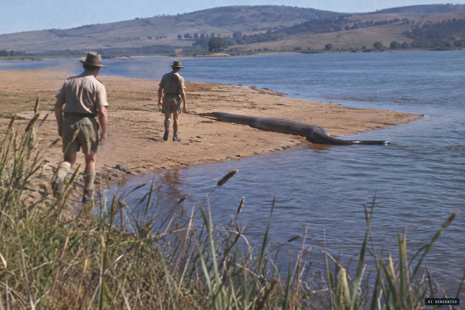 Ranger Buthelezi and a companion see the monster slither off a sandbank near Midmar Dam