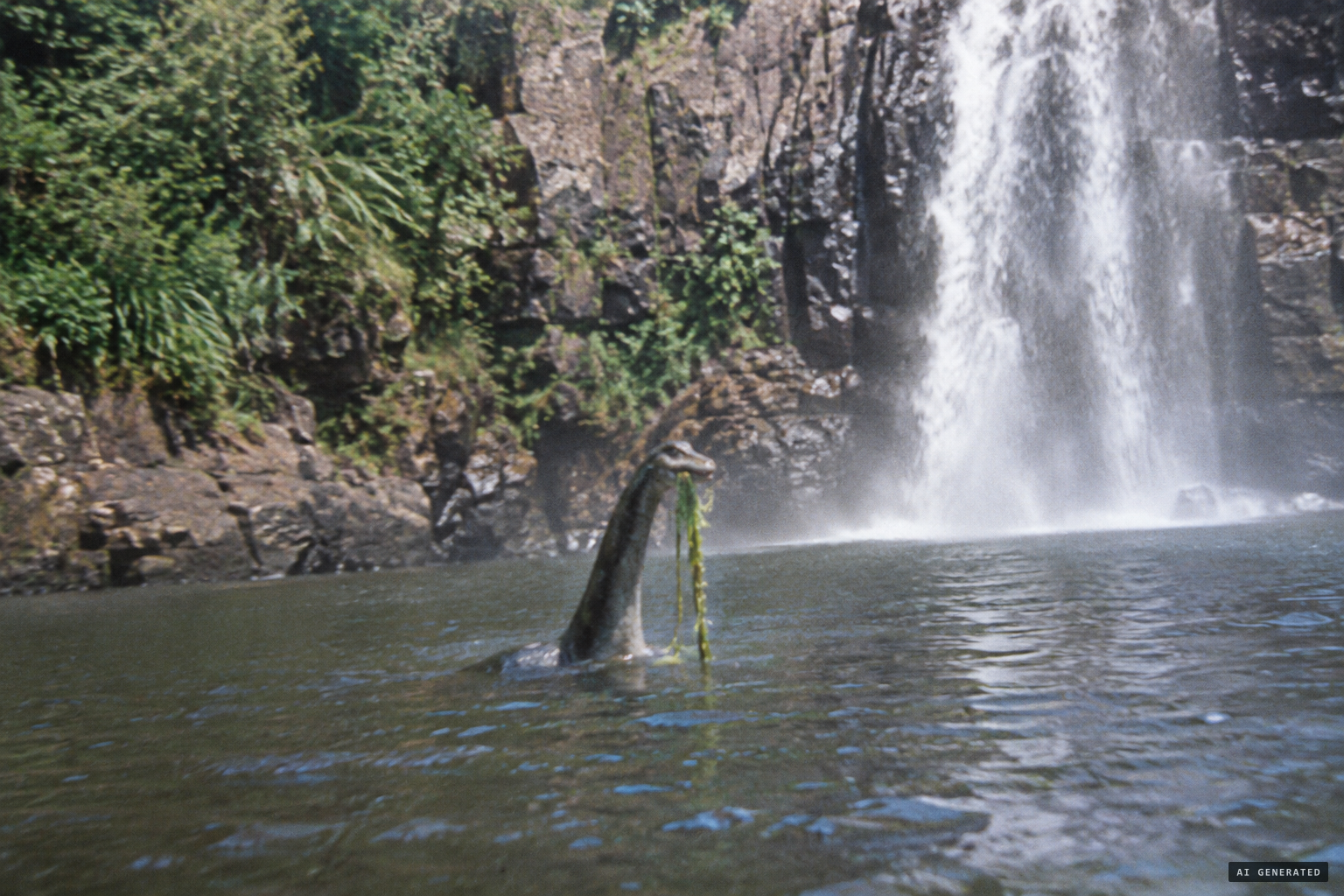 A photo of a long-necked animal rising from the water, waterweed in its mouth